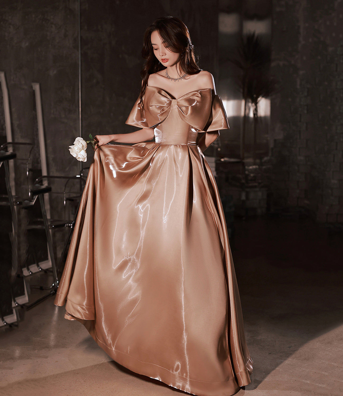 Lovely Bow Satin Long Ball Gown Formal Dress 10382