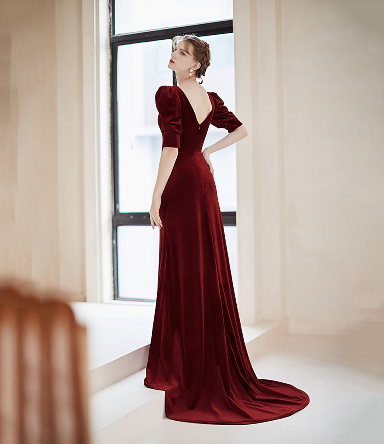 Burgundy velvet long prom dress mermaid evening dress 10414