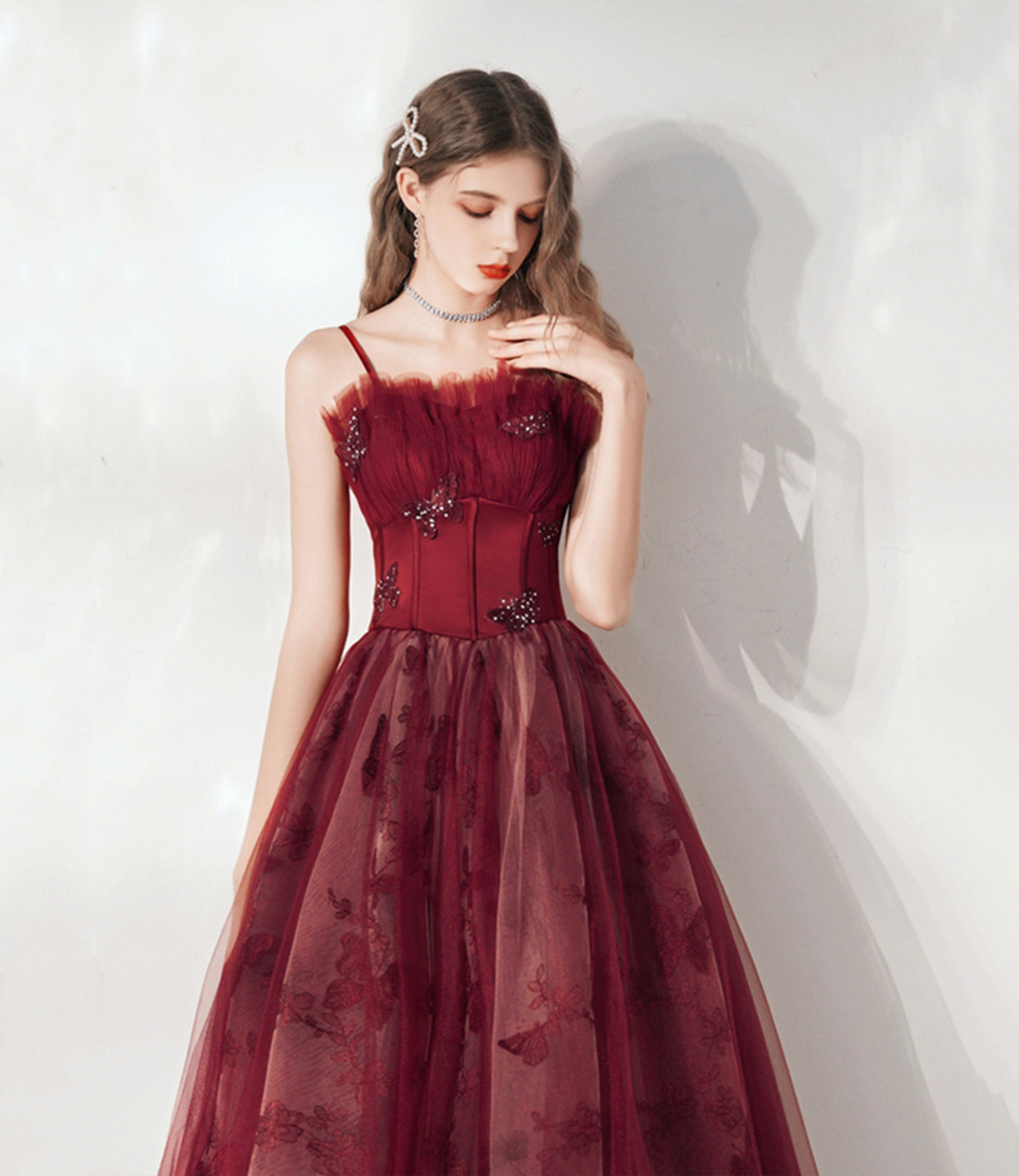 Burgundy tulle long prom dress A line evening gown 10374