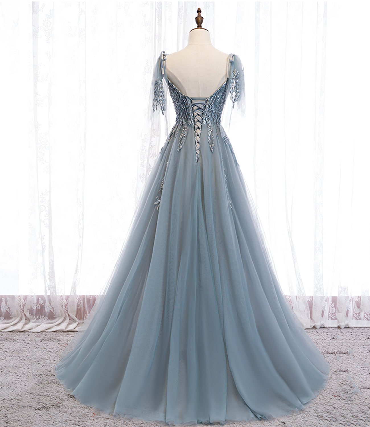 Blue tulle lace long prom dress blue evening dress 10356