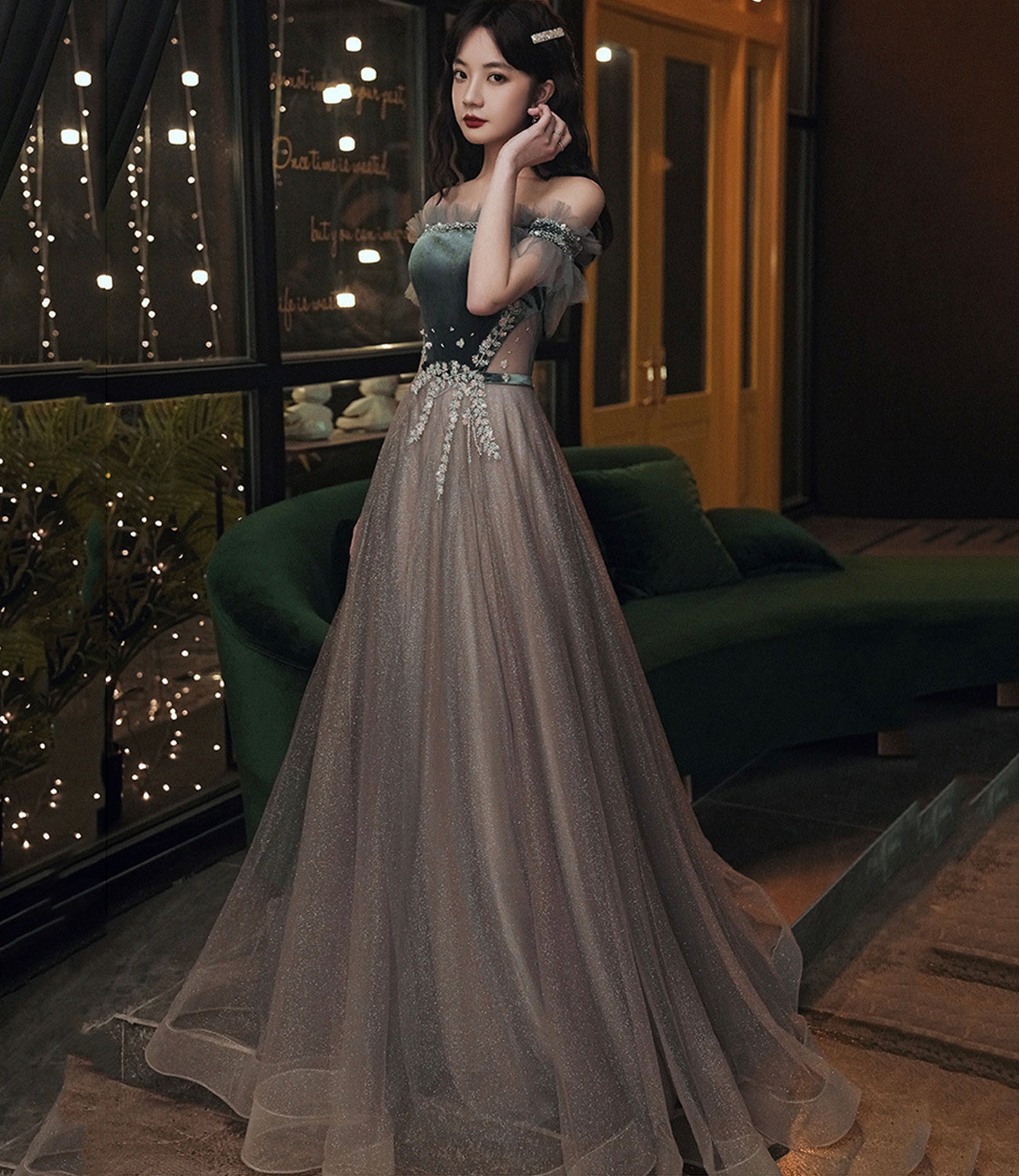 Cute tulle long prom dress A line evening dress 10345