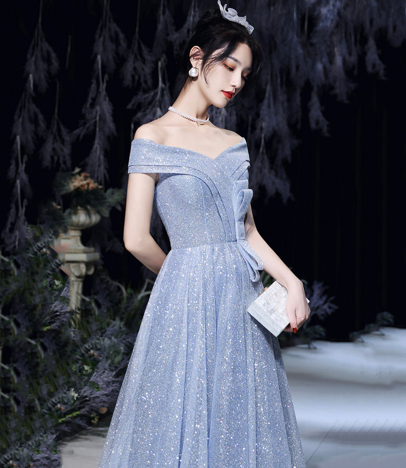 Blue tulle sequins long prom dress blue evening dress 10465
