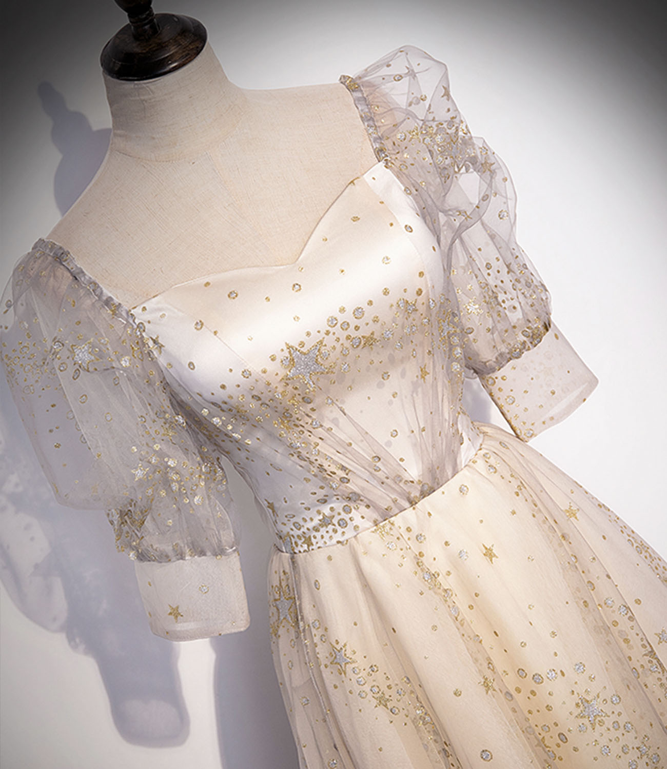 Champagne tulle sequins long prom dress A line evening gown 10327