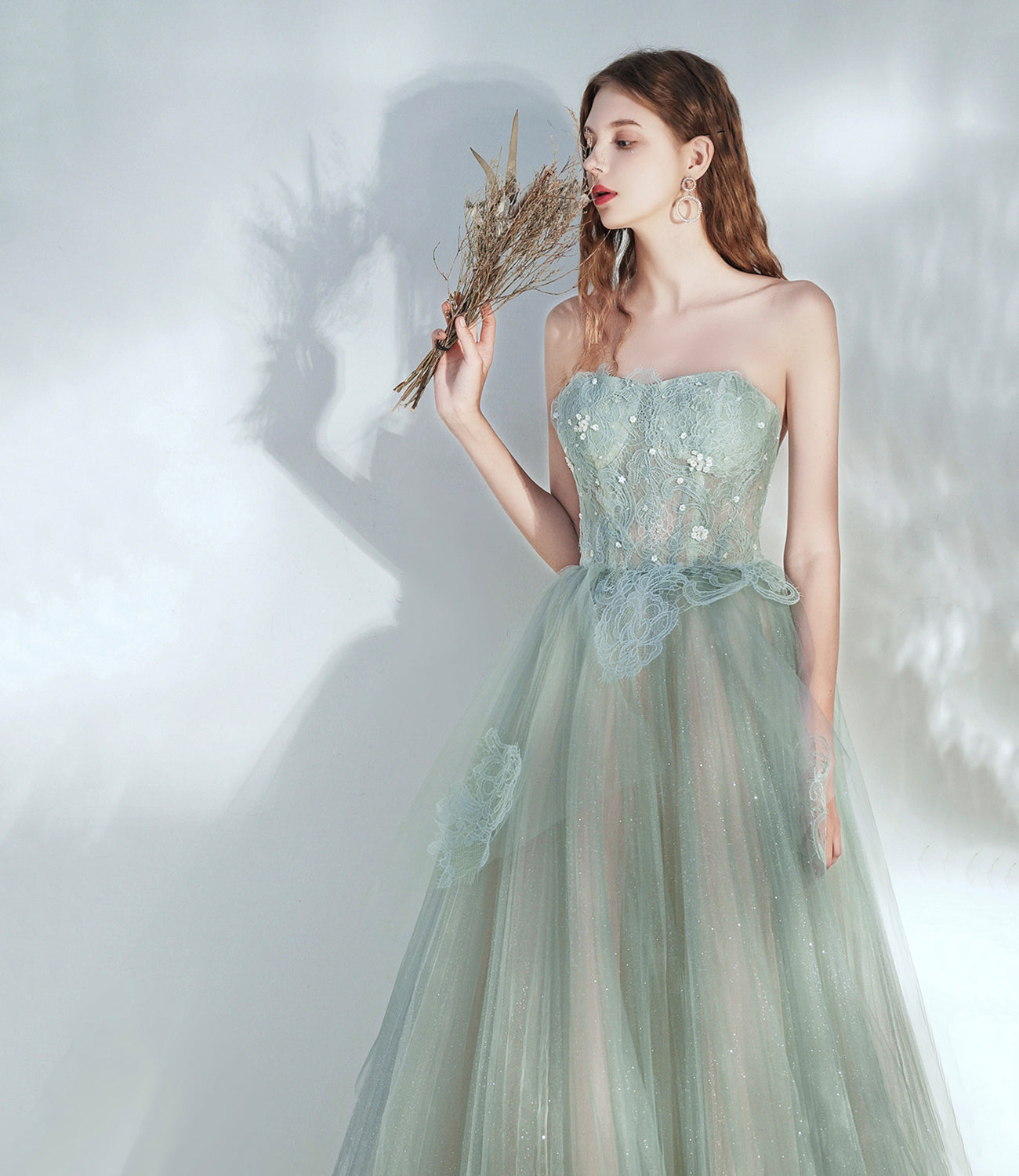 Green tulle lace long prom dress A line evening dress 10379