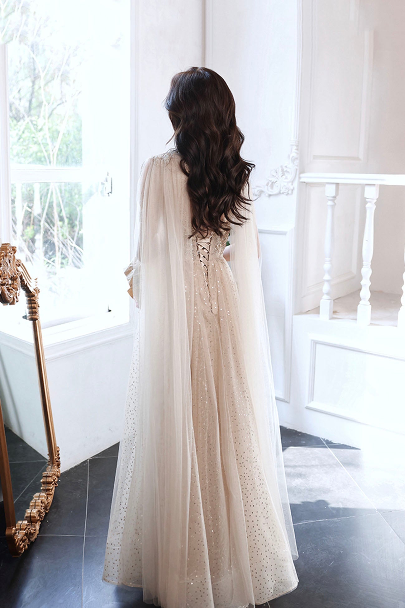 Champagne tulle sequins long prom dress evening dress 10605