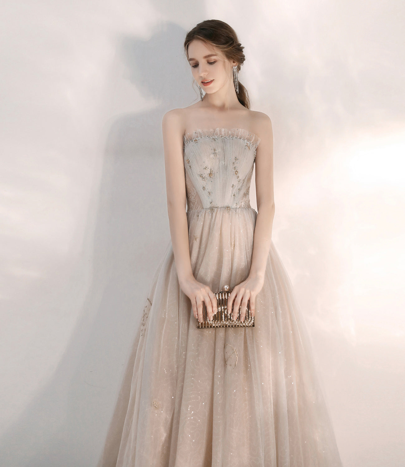 Champagne tulle sequins long prom dress A line evening dress 10472