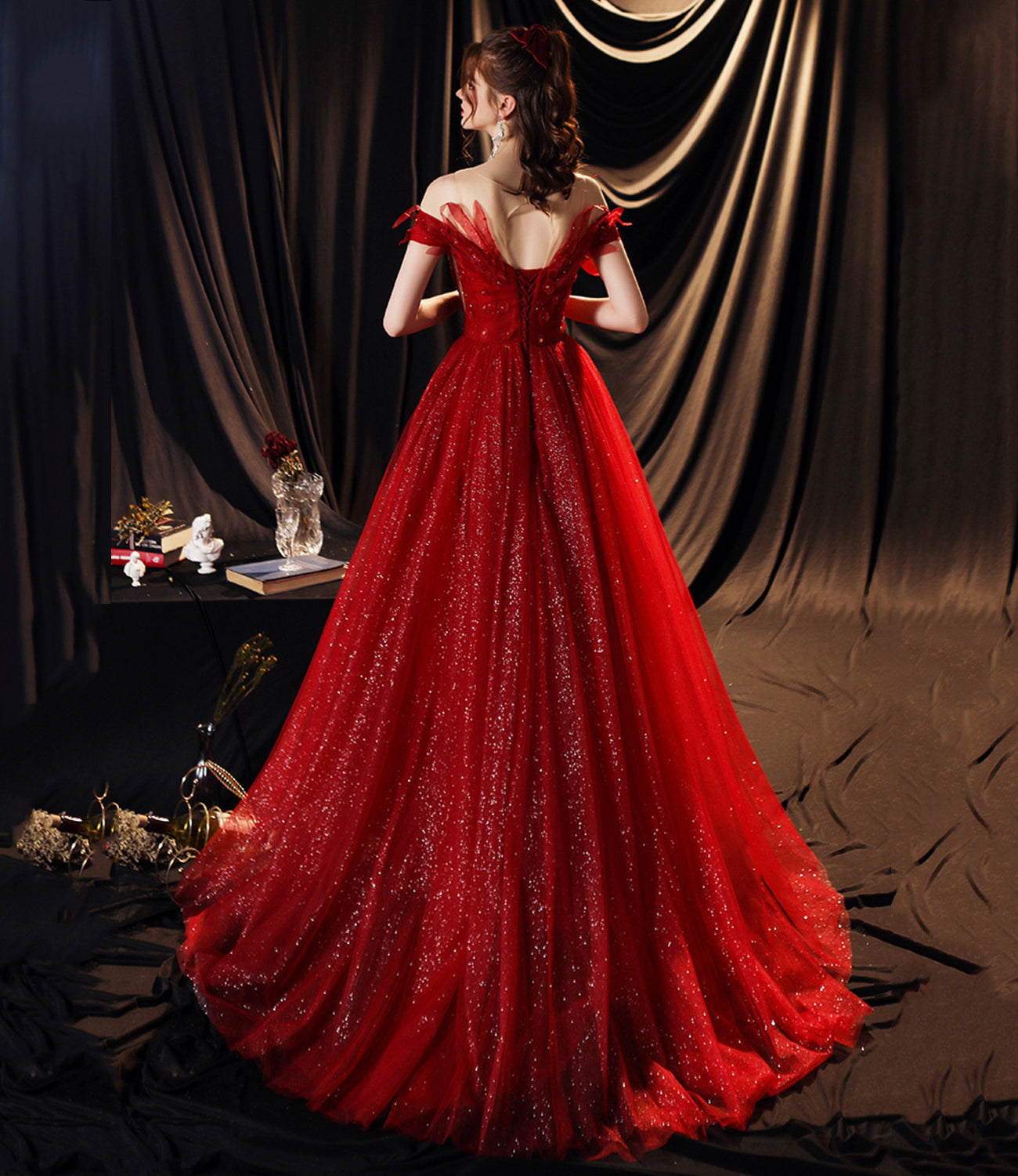 Red tulle sequins long prom dress A line evening gown 10355