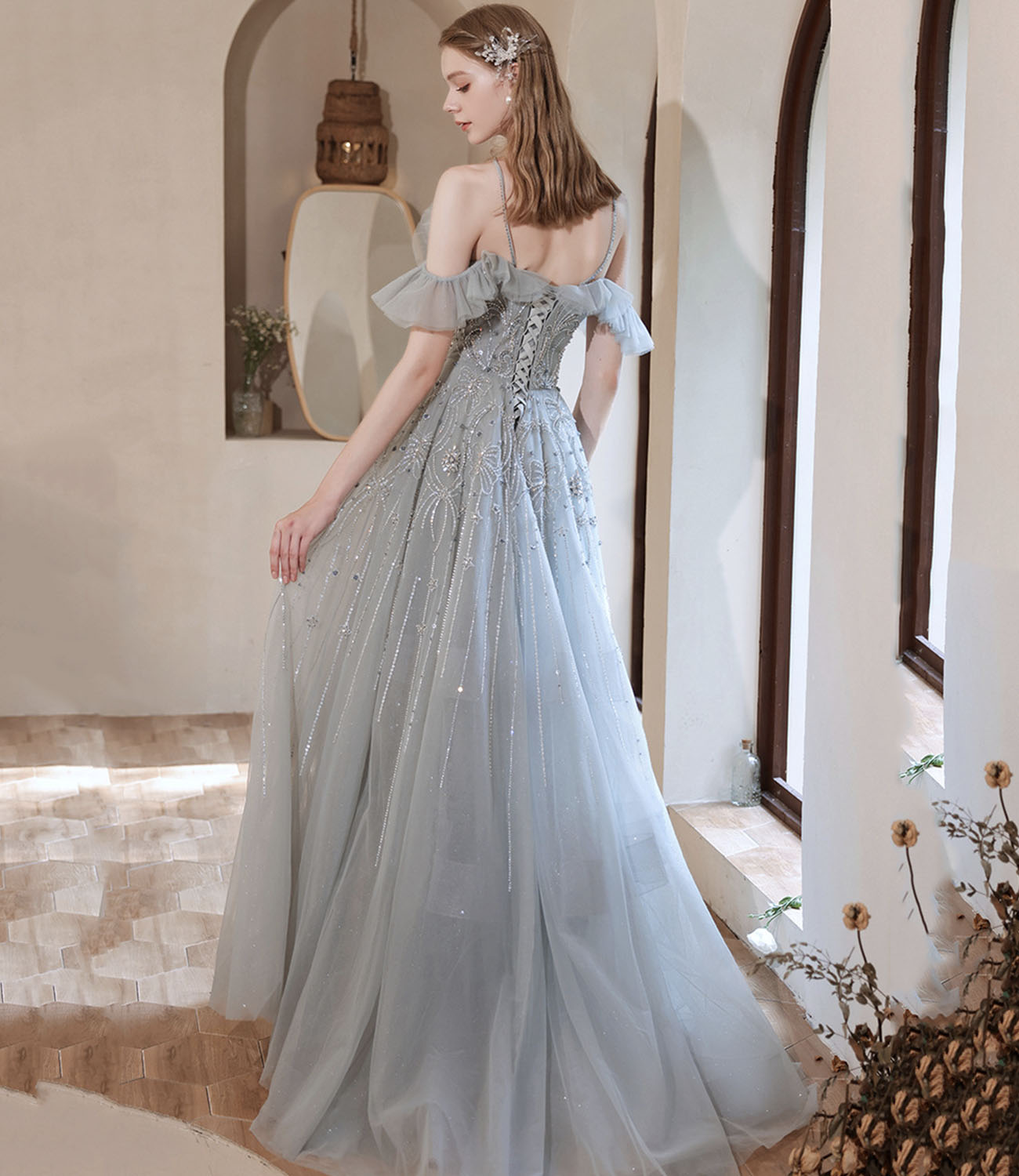 Gray tulle beads long prom dress A line evening dress 10425