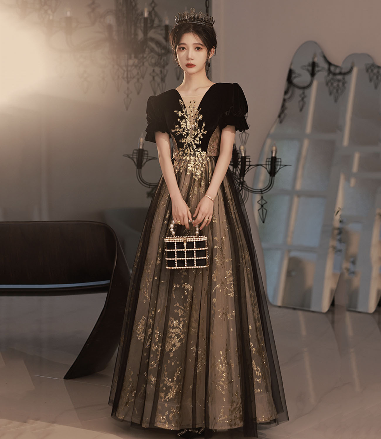 Black tulle sequins long prom dress A line evening dress 10441