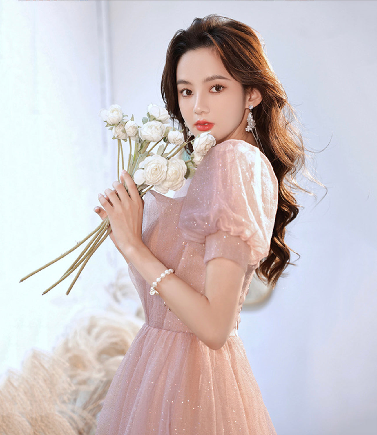 Cute tulle long prom dress pink A line evening dress 10524