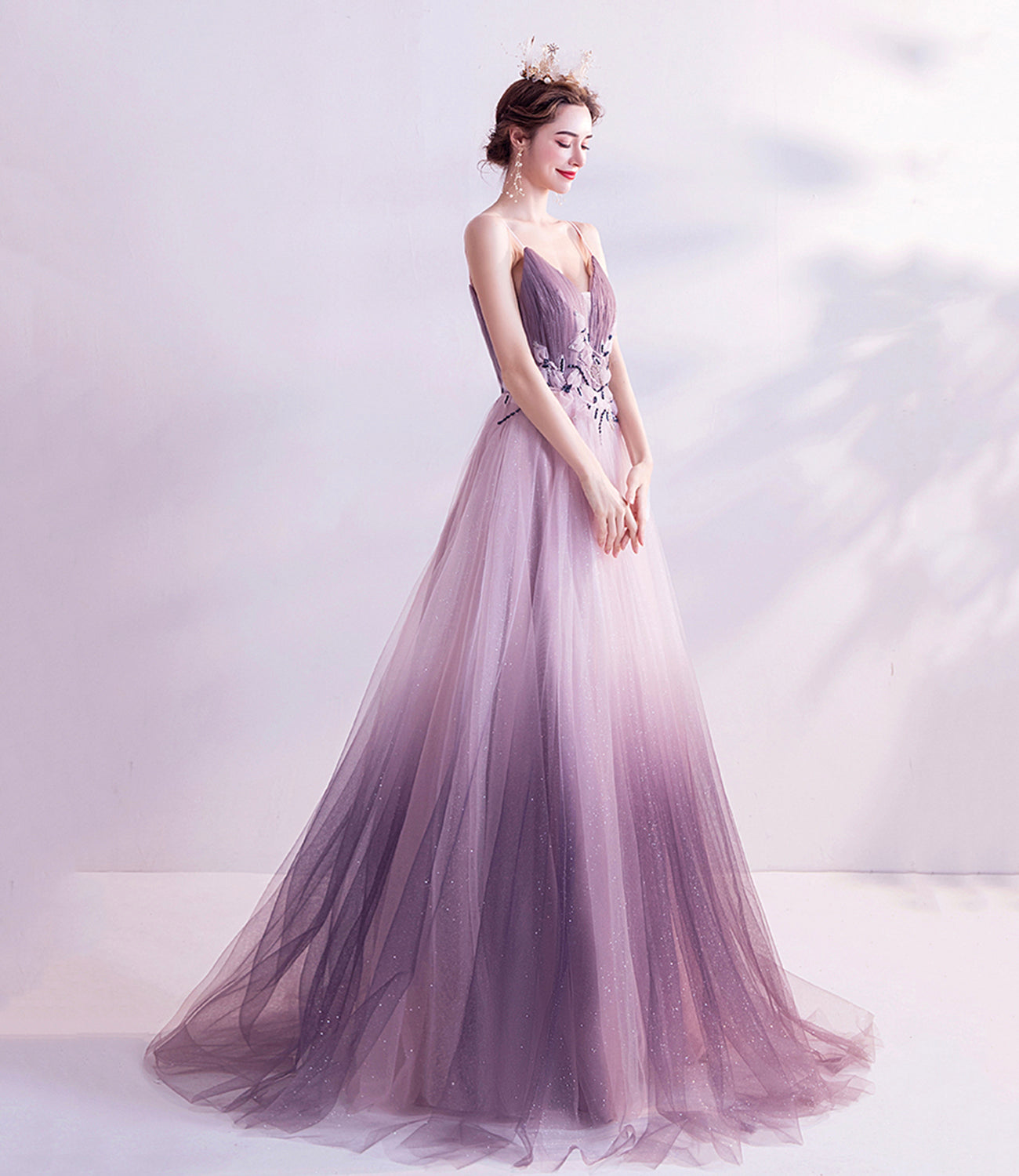 Purple tulle sequins long prom dress purple evening dress 10479