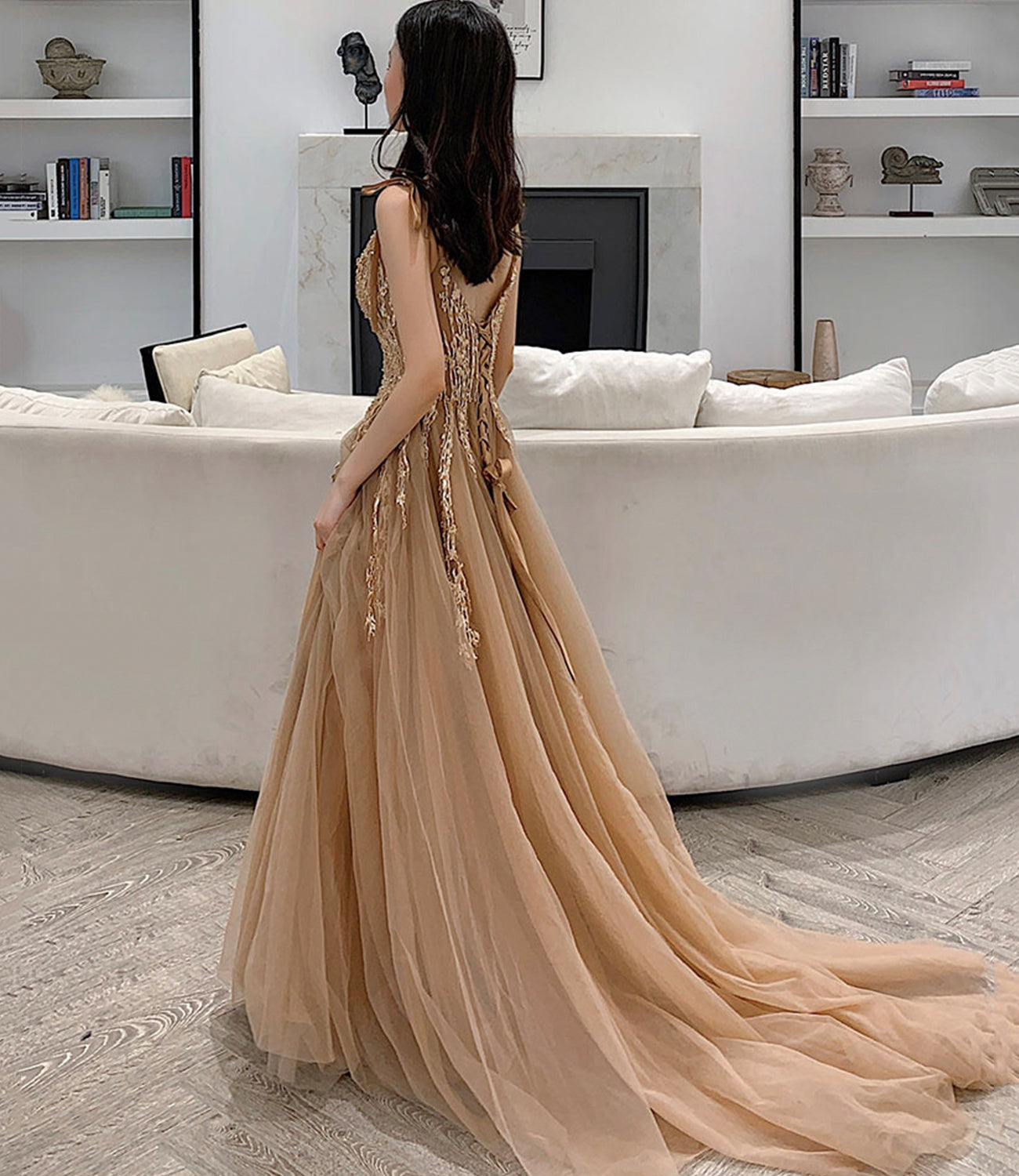 Cute A line v neck lace long prom dress evening dress 10364