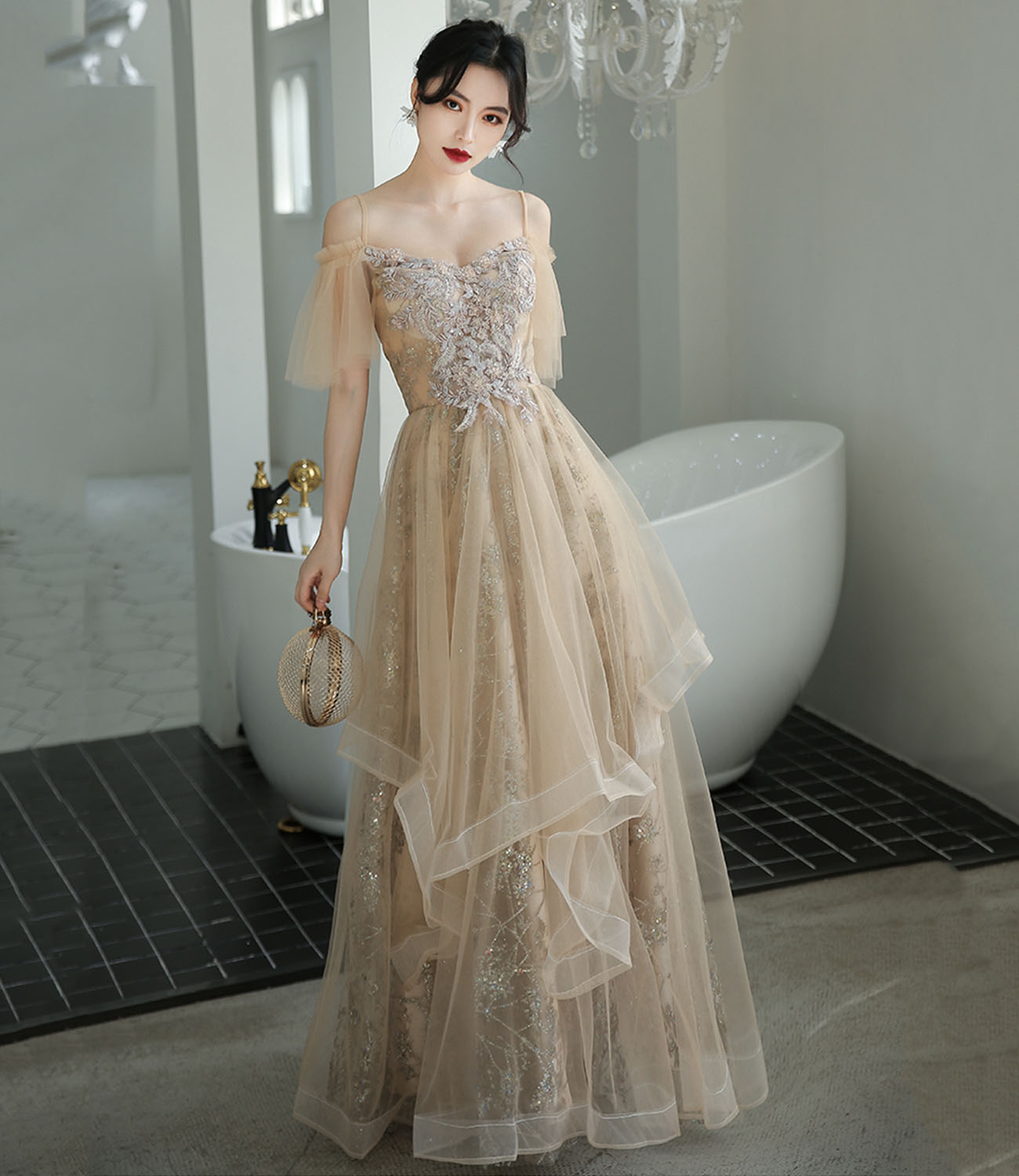 Champagne tulle lace long prom dress A line evening dress 10339
