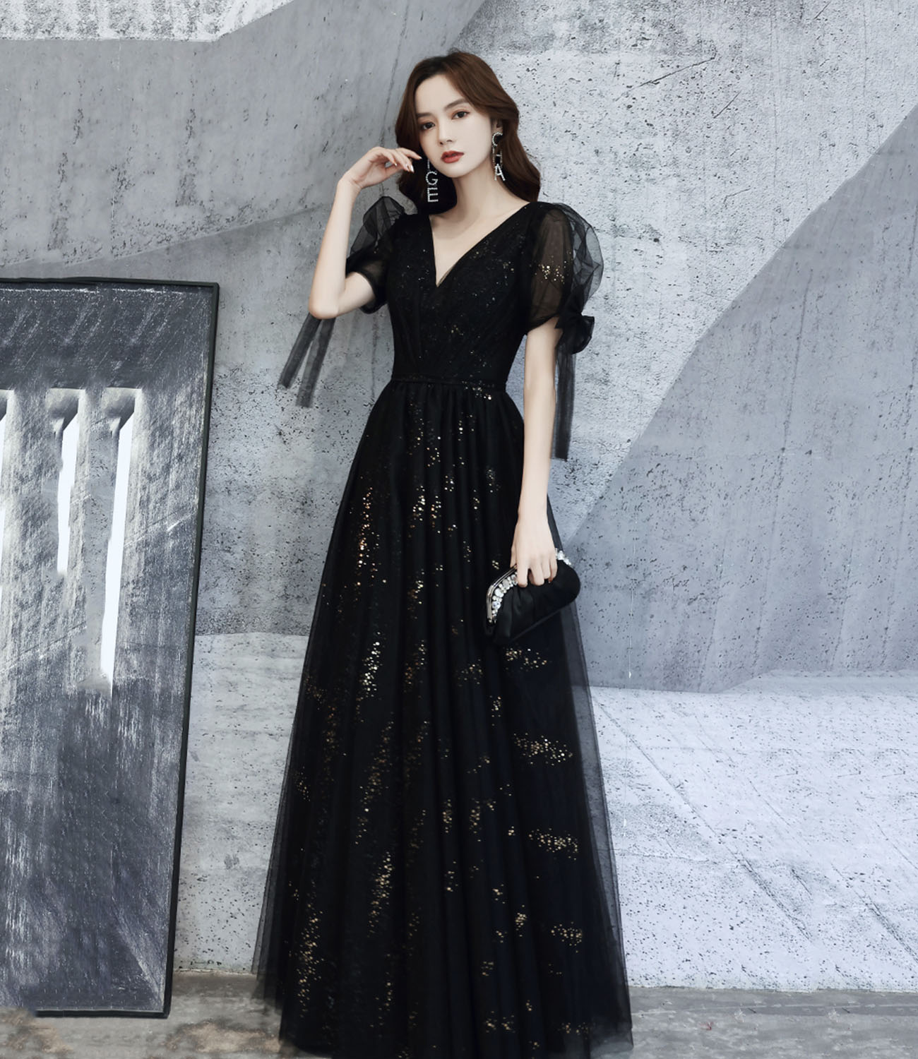 Black v neck tulle long prom dress A line evening dress 10318