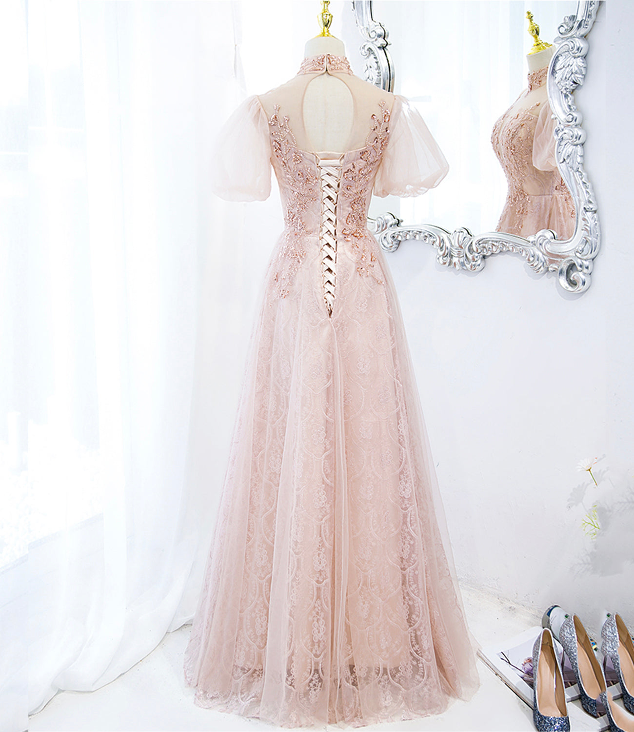 Pink tulle beads long prom dress A line evening dress 10400