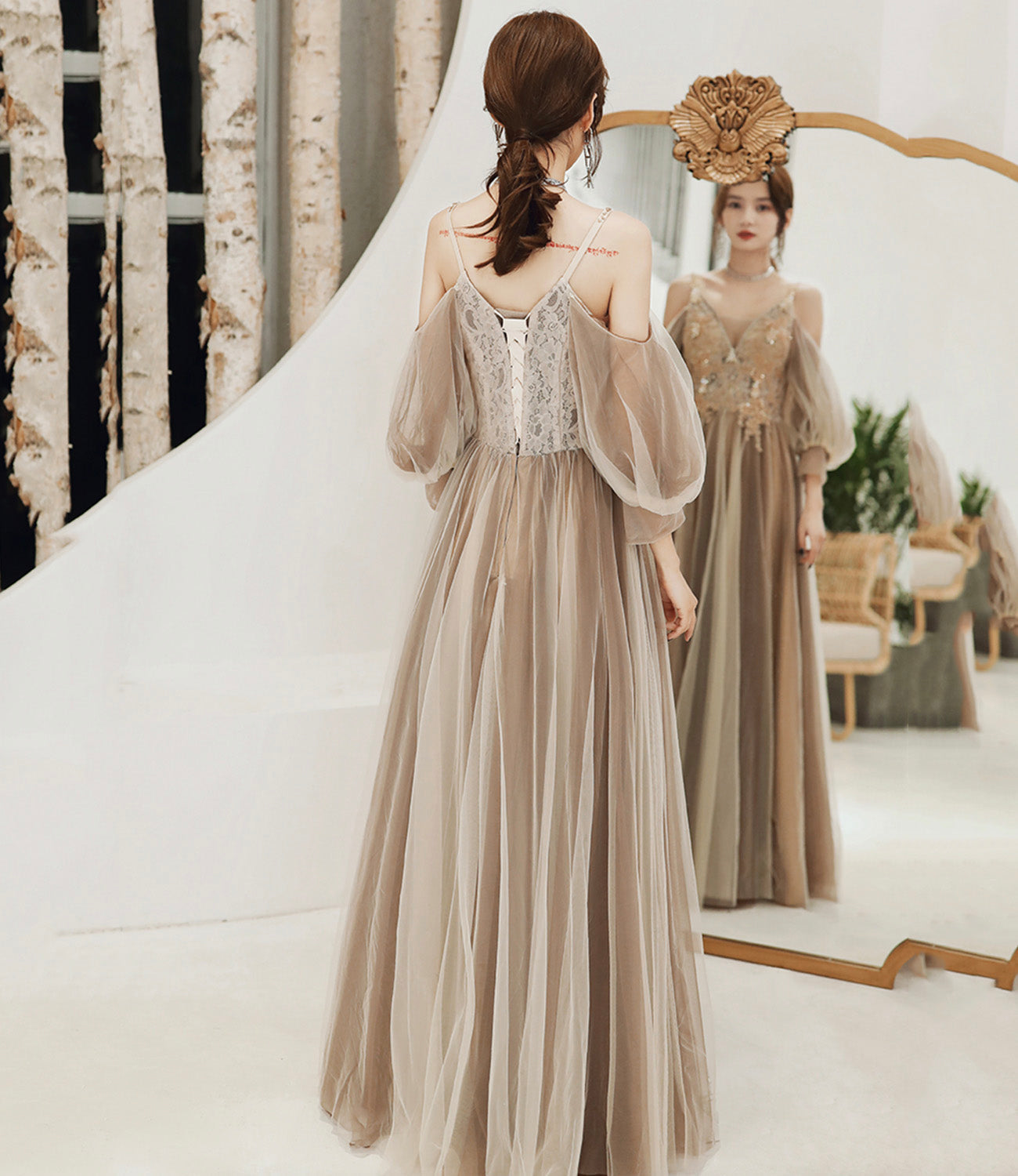 Cute tulle lace long prom dress A line evening dress 10449