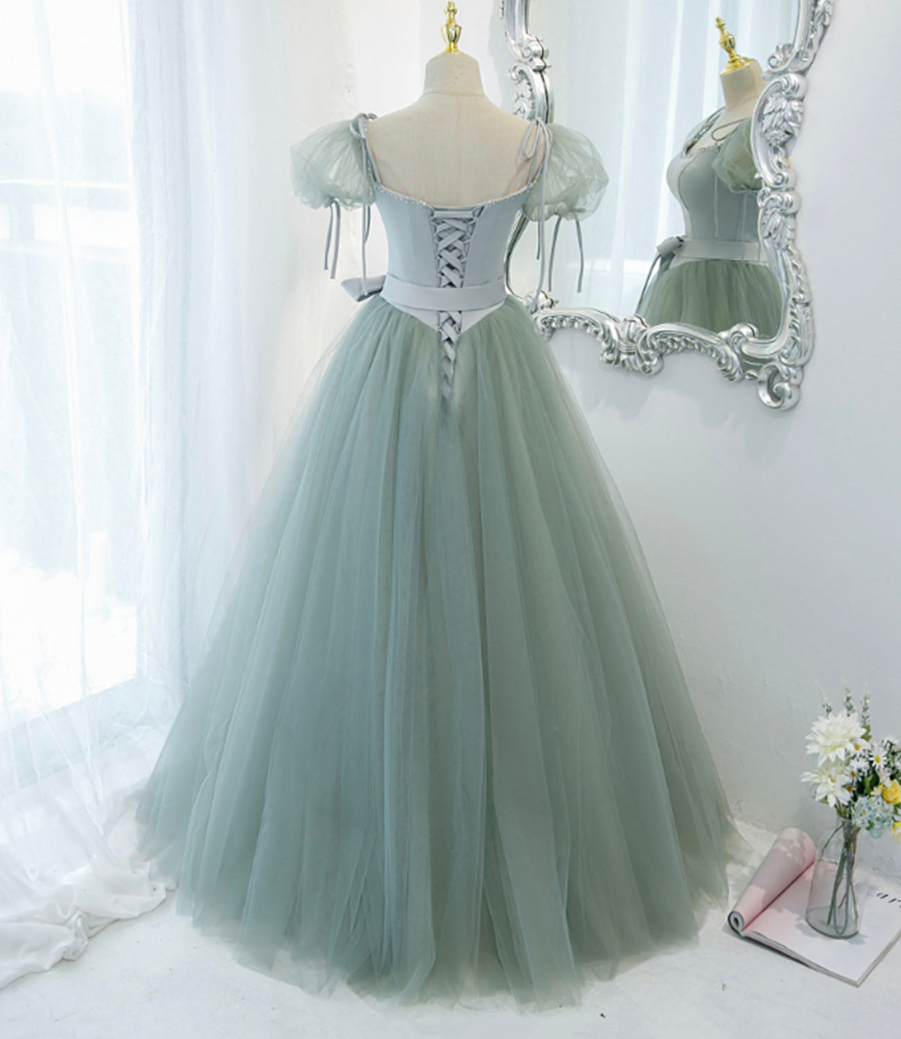 Green satin tulle long prom dress A line evening dress 10445