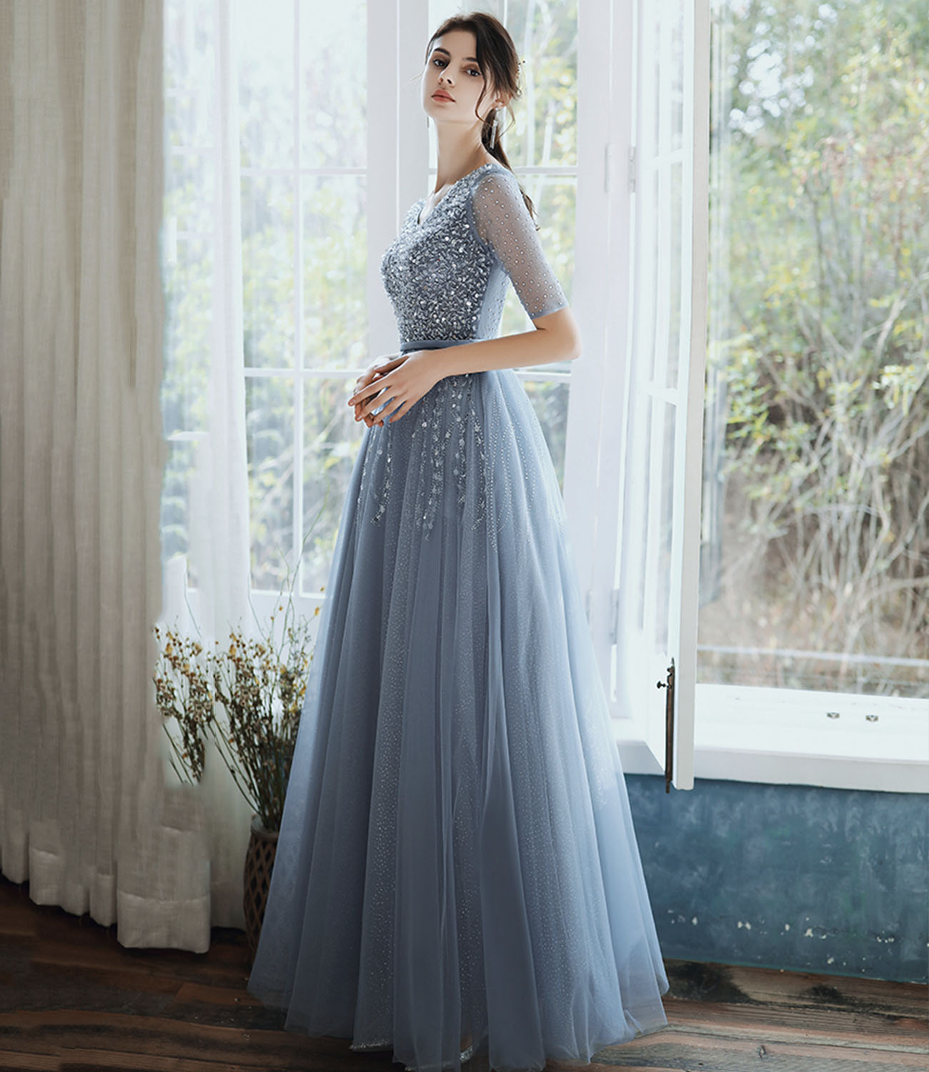 Blue tulle beads long prom dress A line evening gown 10333