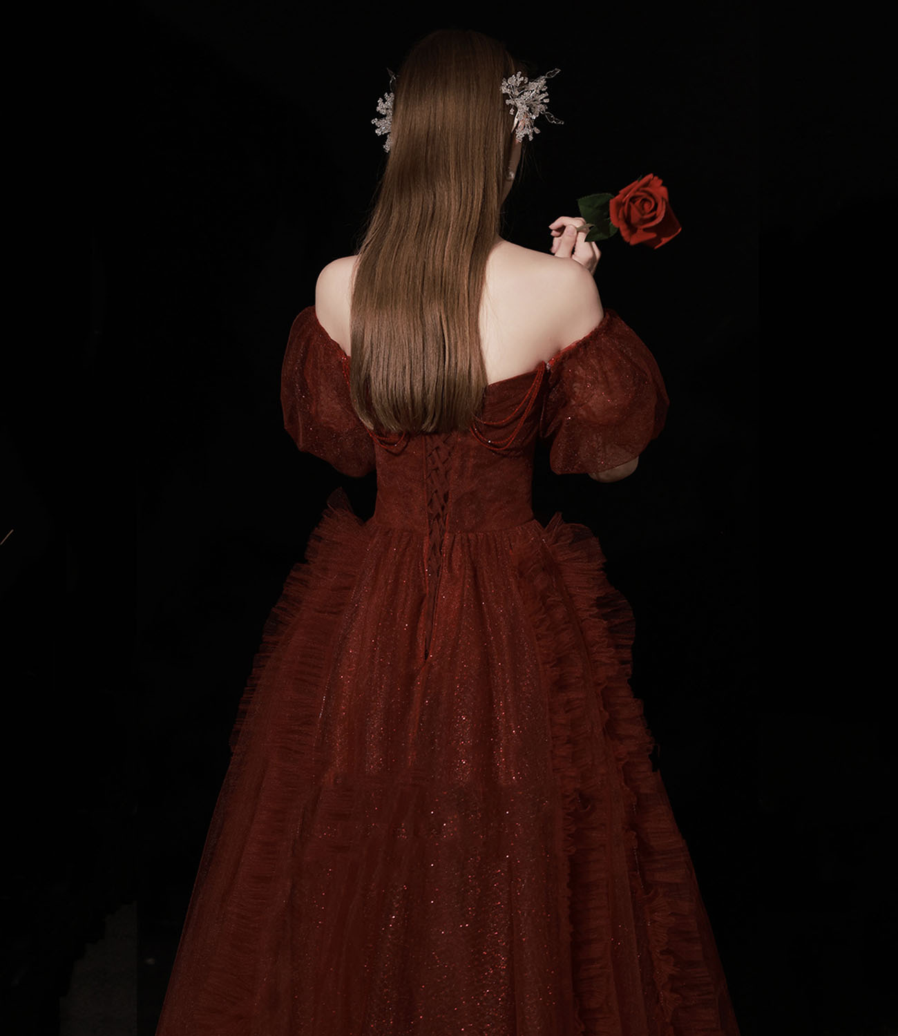 Burgundy tulle long prom dress A line evening gown 10439