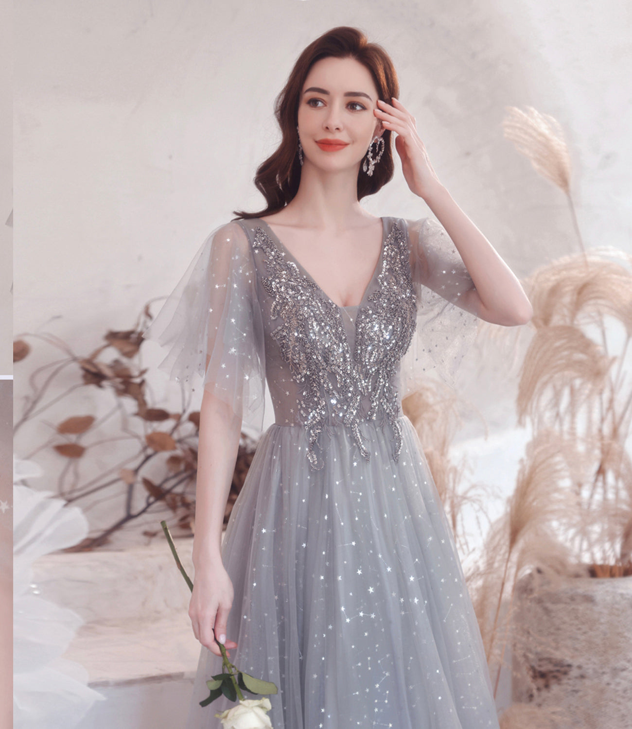 Gray tulle sequins long prom dress A line evening dress 10528