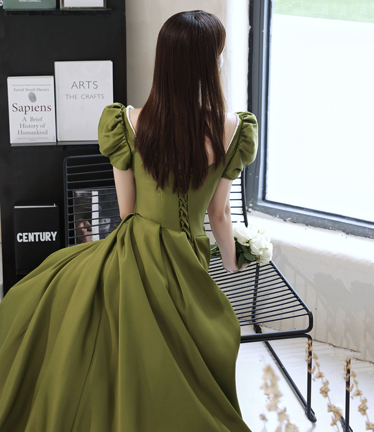 Green satin long prom dress A line evening dress 10431