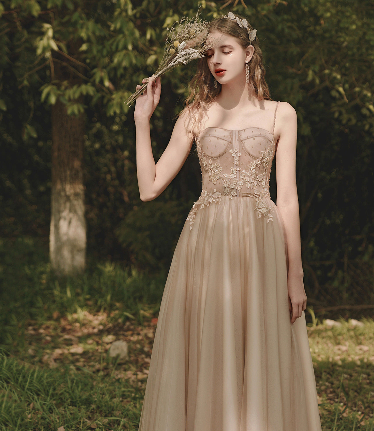 Cute tulle lace long prom dress A line evening dress 10398