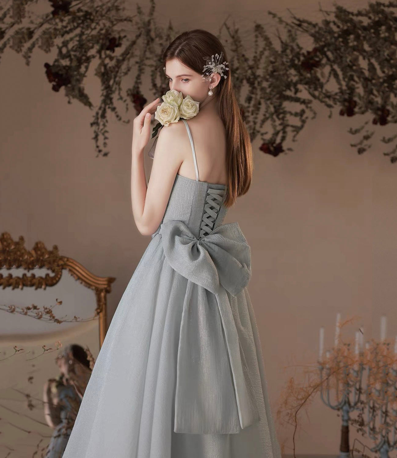 Gray soft chiffon long prom dress A line evening dress 10427
