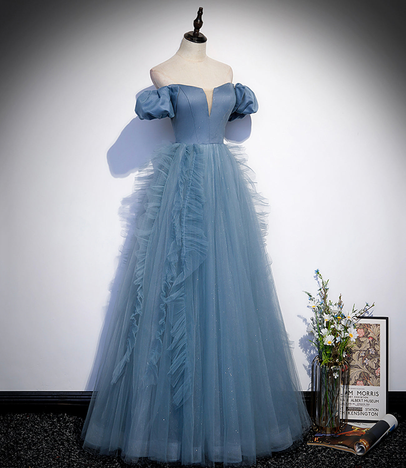 Blue satin tulle long prom dress blue evening dress 10312
