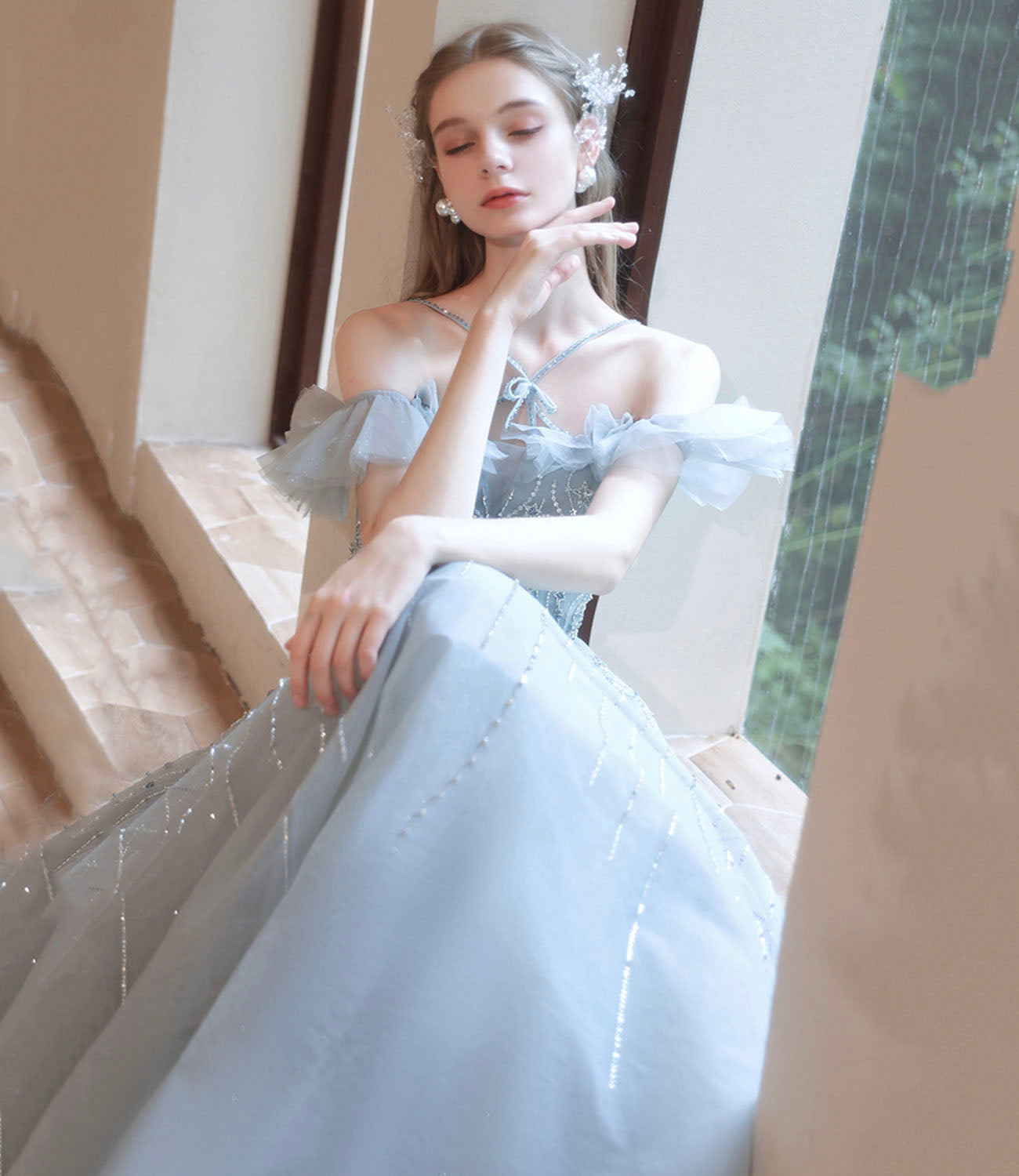 Gray tulle beads long prom dress A line evening dress 10425