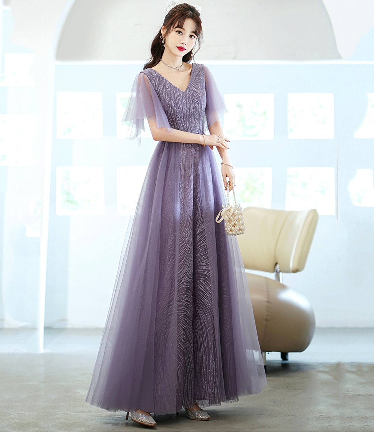 Purple tulle sequins long prom dress A line evening dress 10462