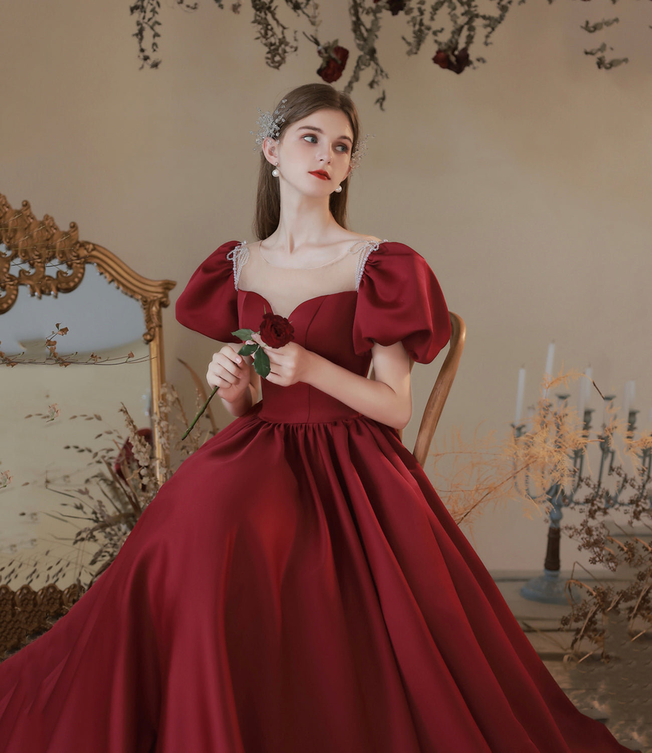 Burgundy satin long prom dress A line evening dress 10373