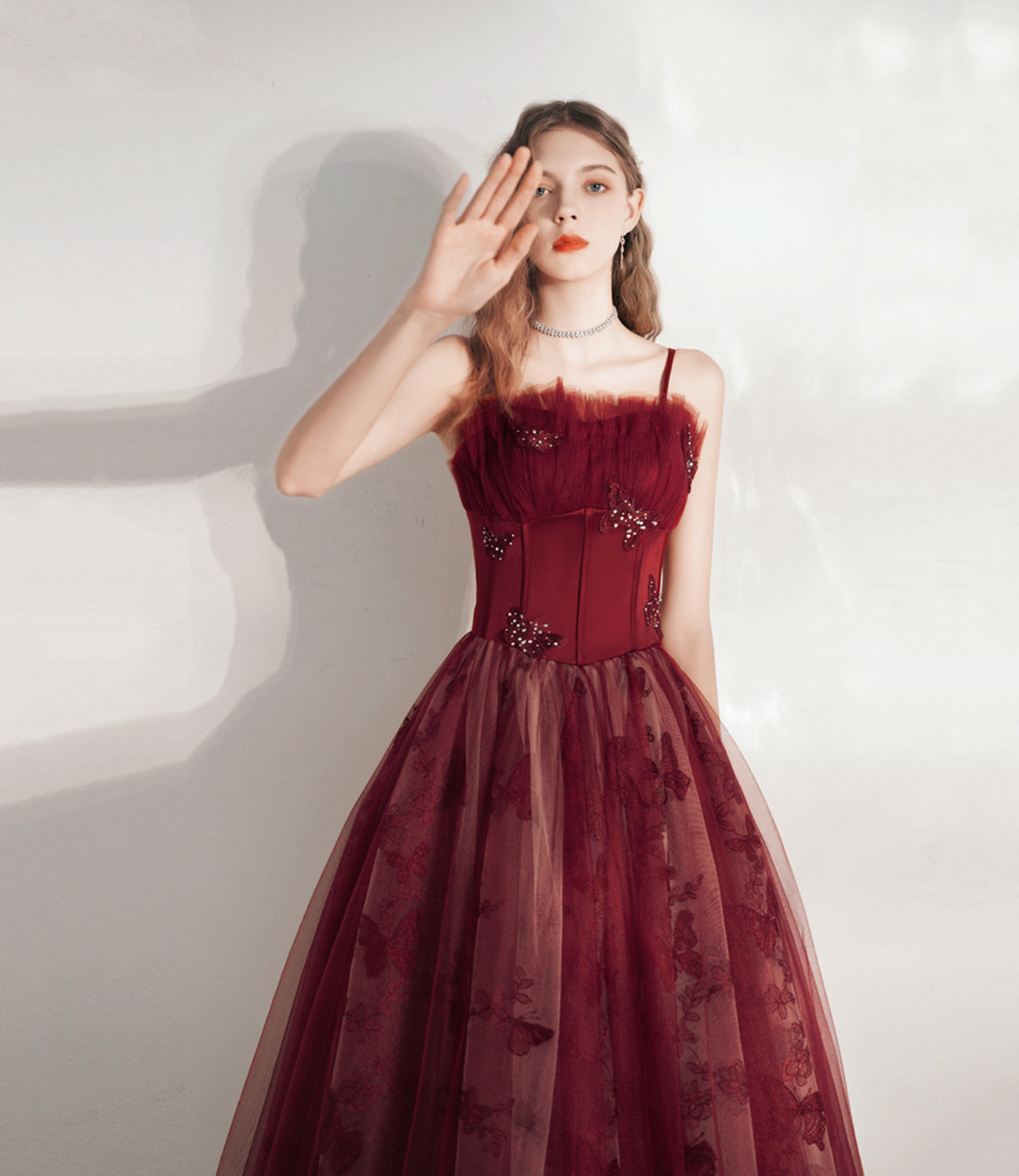 Burgundy tulle long prom dress A line evening gown 10374