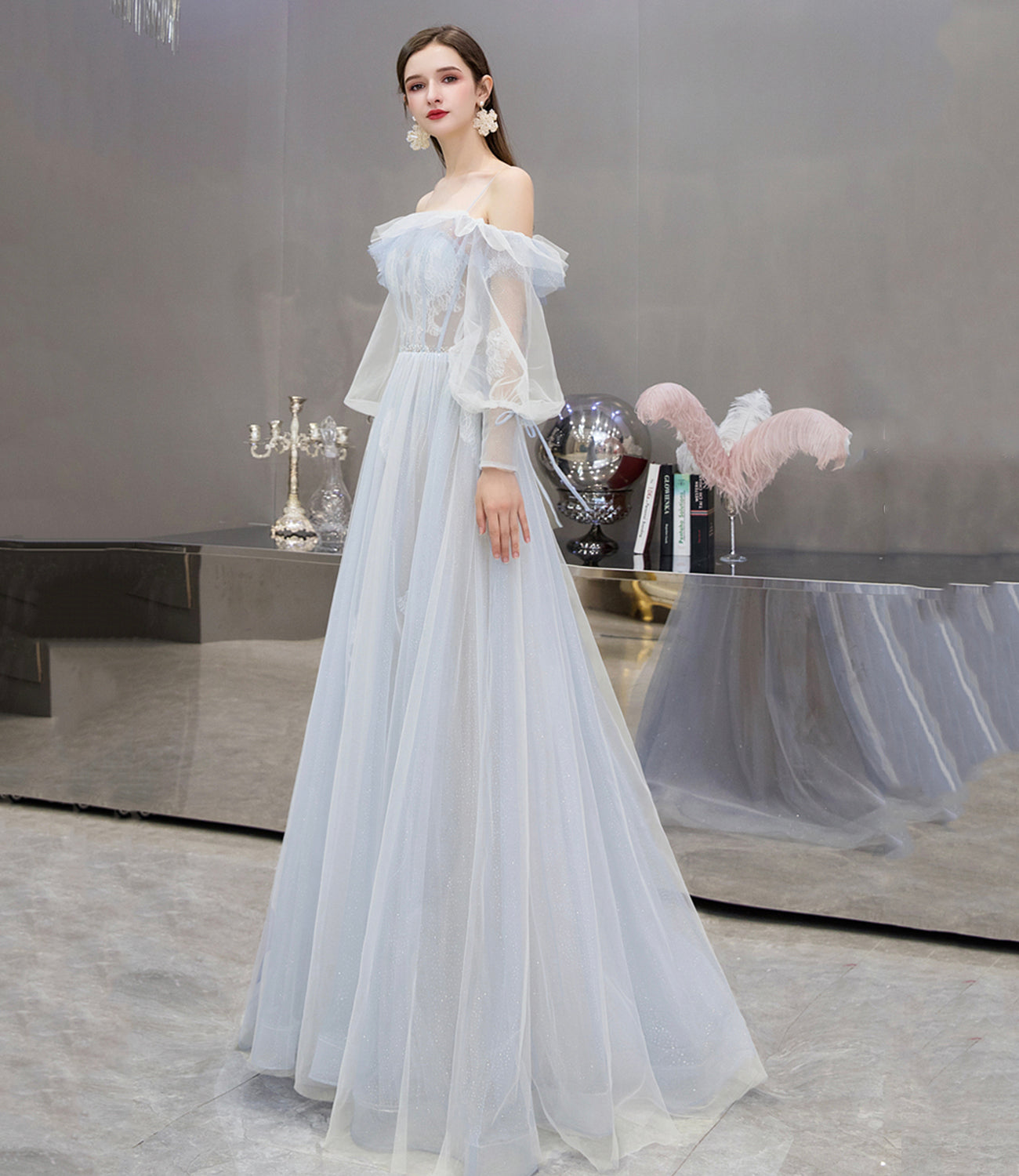 Cute tulle lace long prom dress A line evening dress 10476