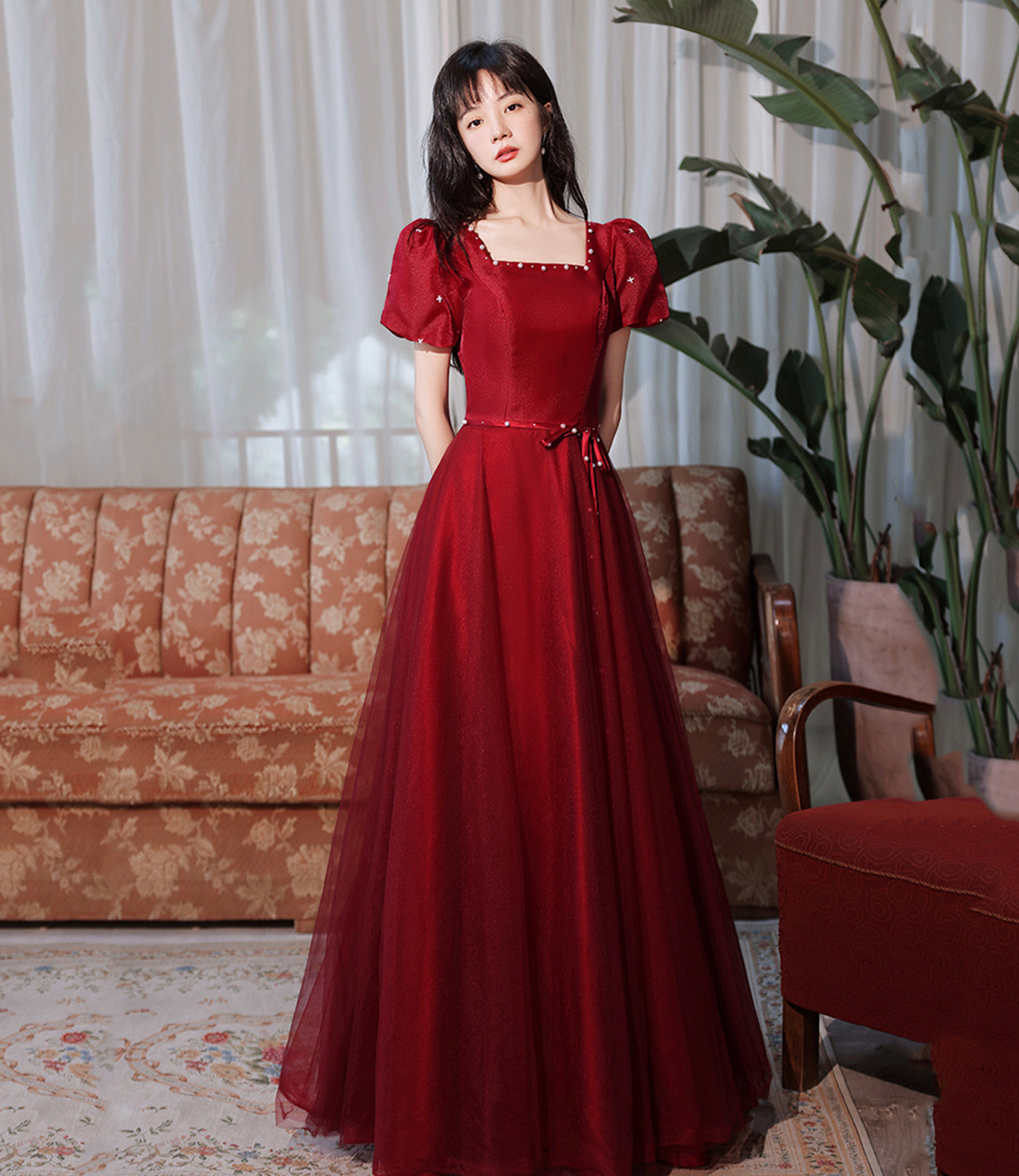 Burgundy satin tulle long prom dress A line evenig dress 10383