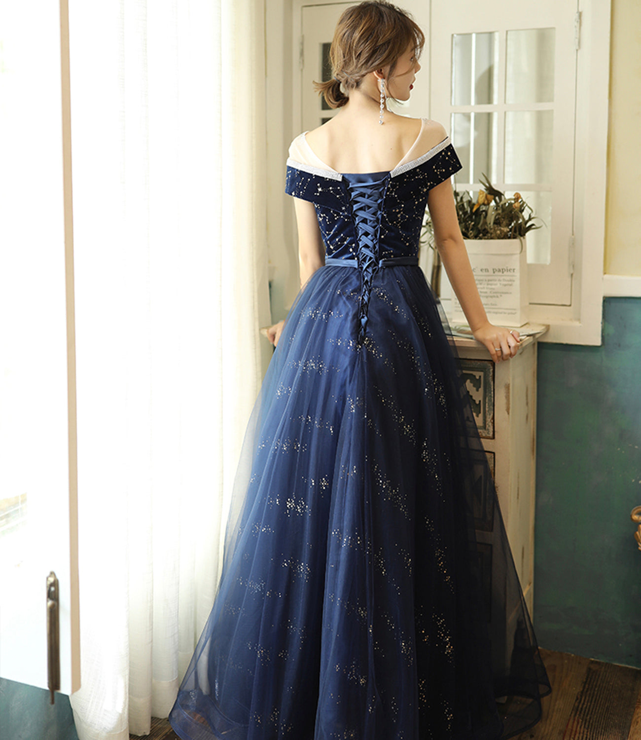 Blue velvet tulle long prom dress evening dress 10384