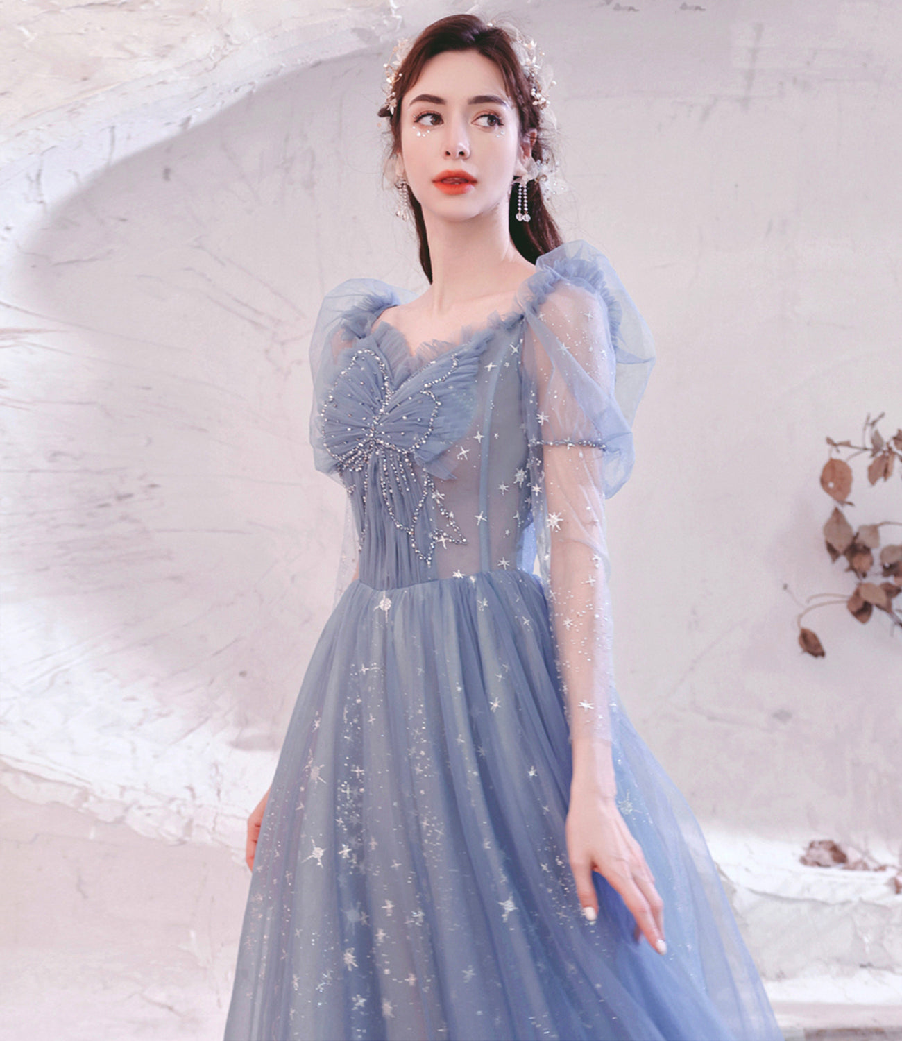 Blue tulle long A line prom dress blue evening dress 10530