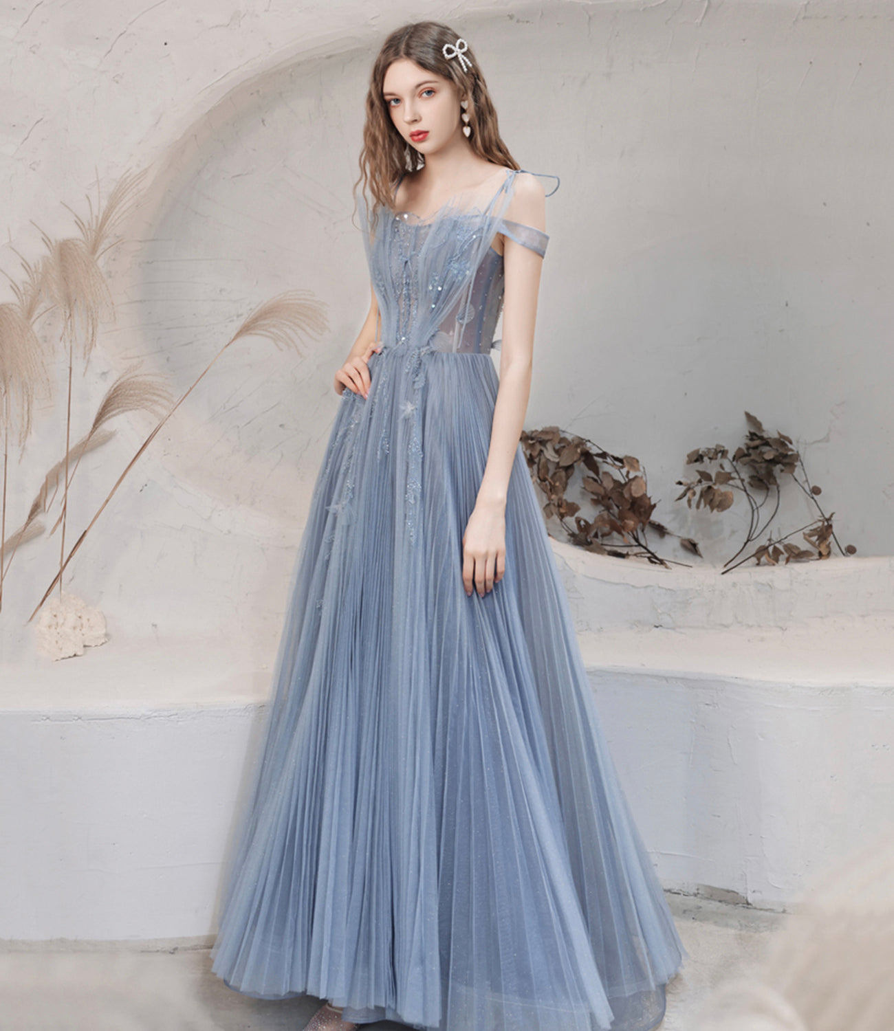 Blue tulle sequins long prom dress blue evening dress 10478
