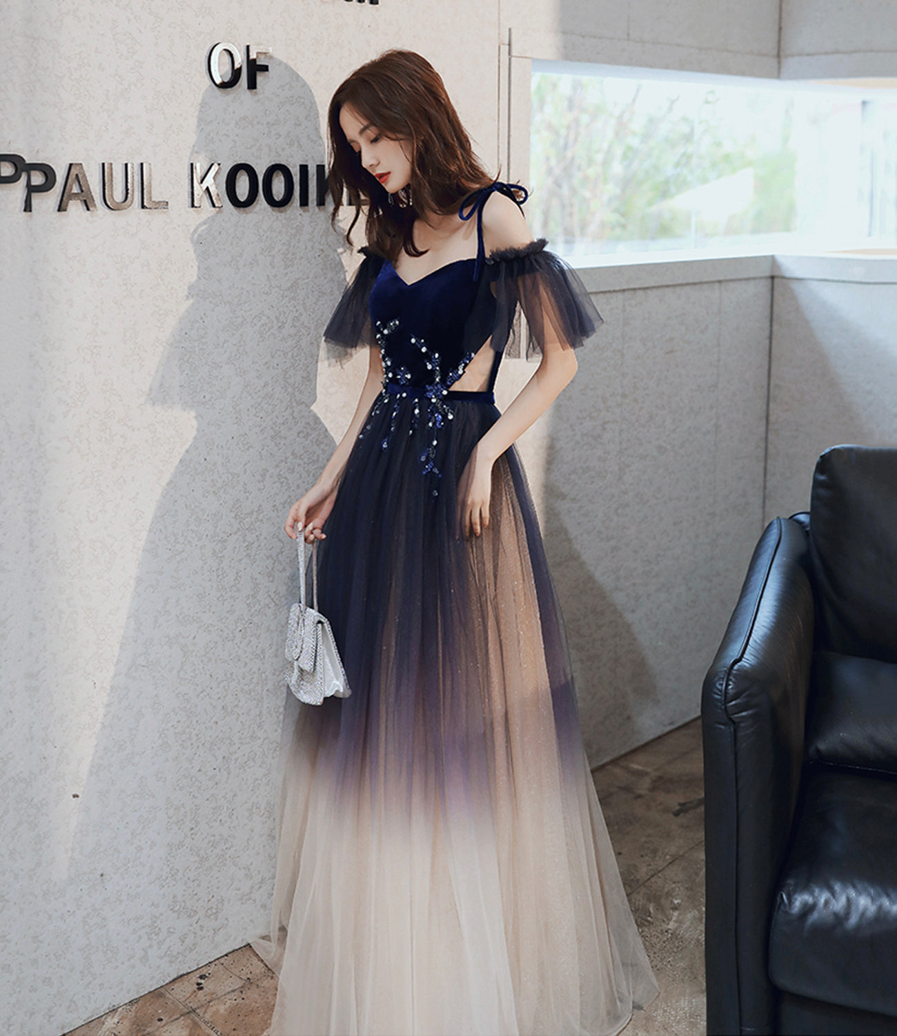 Blue velvet tulle long prom dress A line evening dress 10365