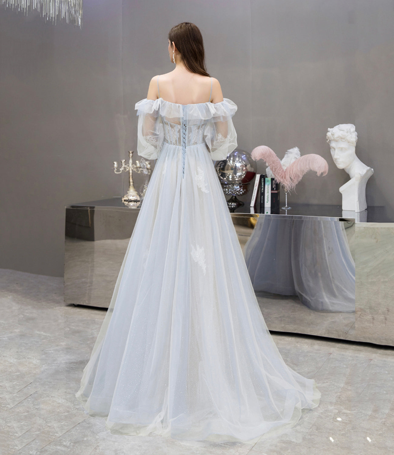 Cute tulle lace long prom dress A line evening dress 10476