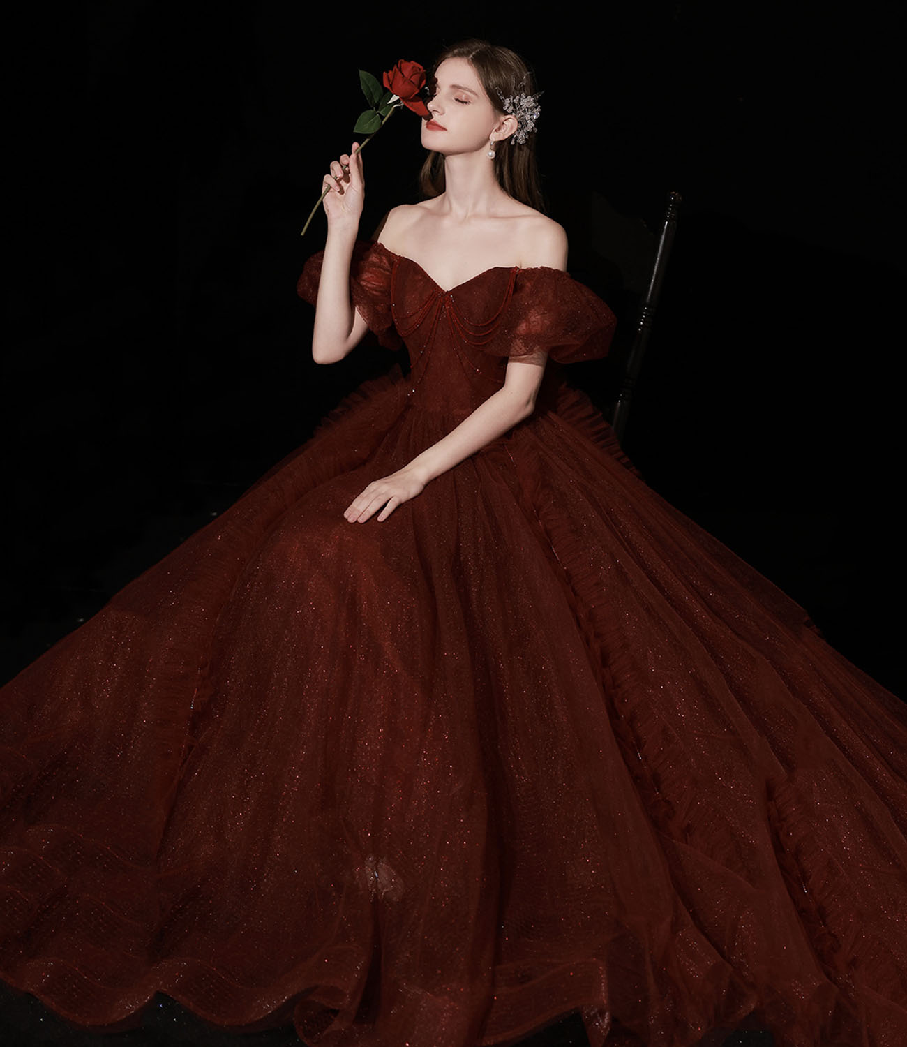 Burgundy tulle long prom dress A line evening gown 10439