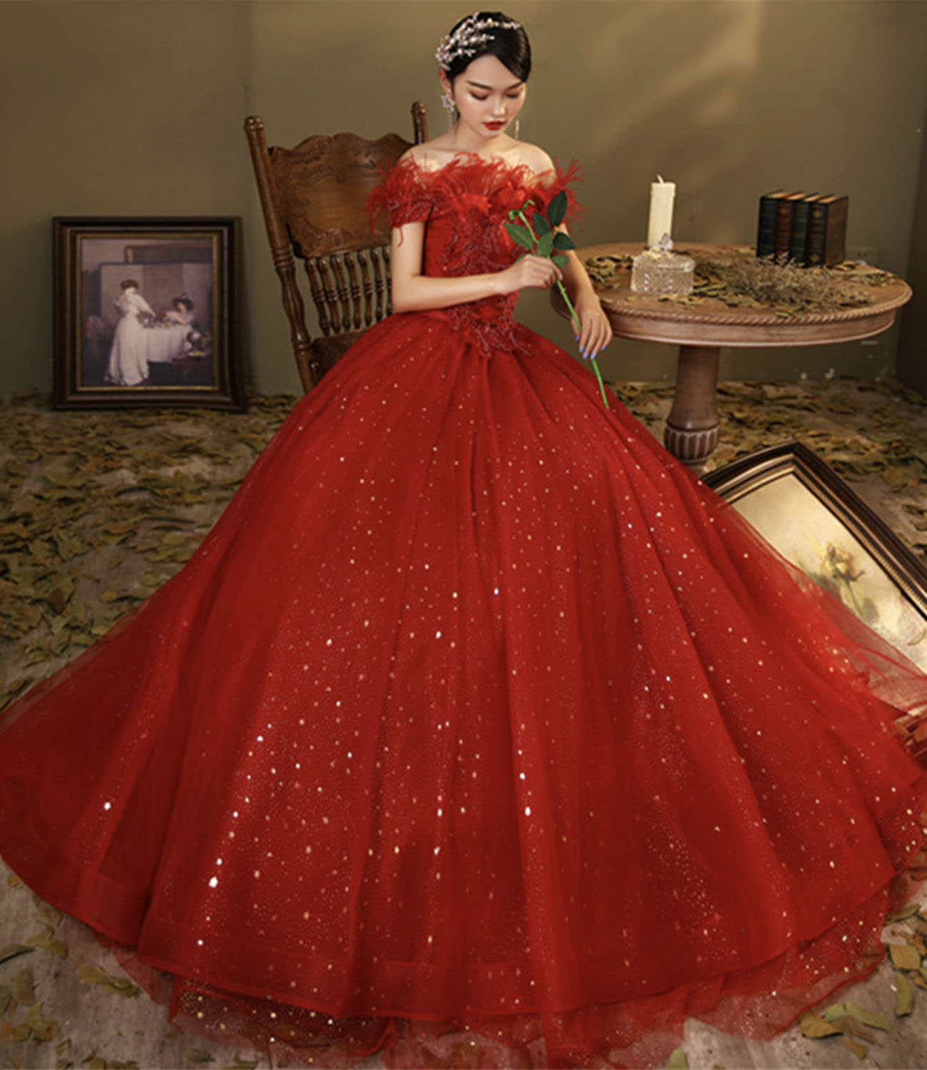 Red tulle sequins long ball gown dress A line evening dress 10324