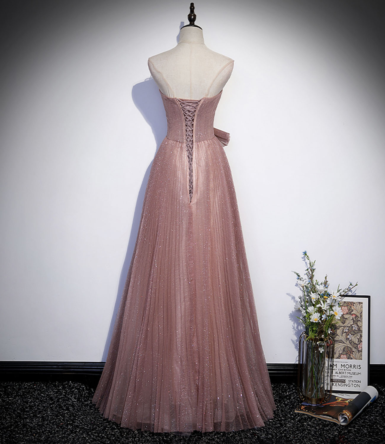 Pink tulle sequins long prom dress A line evening dress 10420