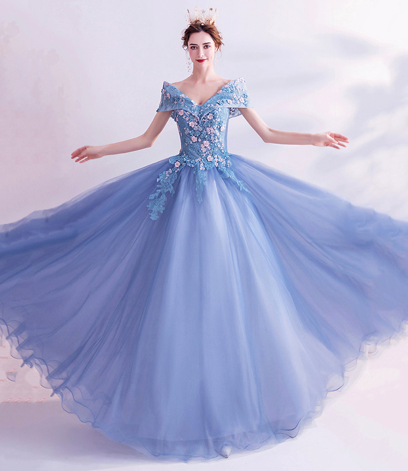 Blue tulle lace long prom dress A line formal dresses 10455
