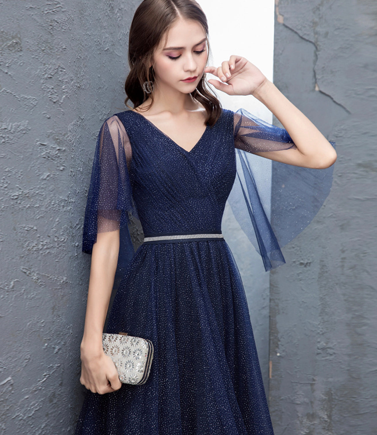 Blue tulle long prom dress A line evening dress 10377