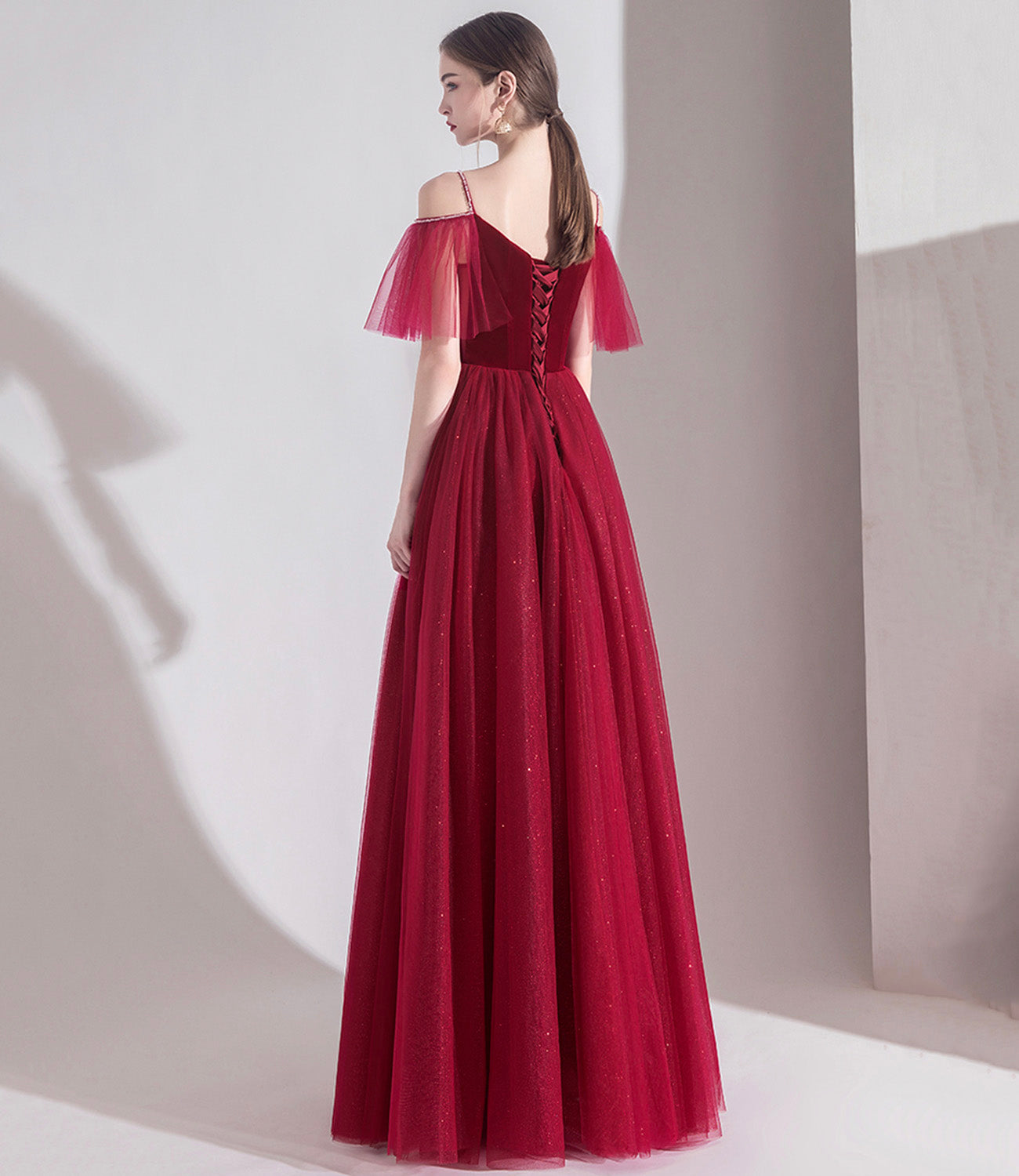 Bugundy velet tulle long prom dress A line evening dress 10553