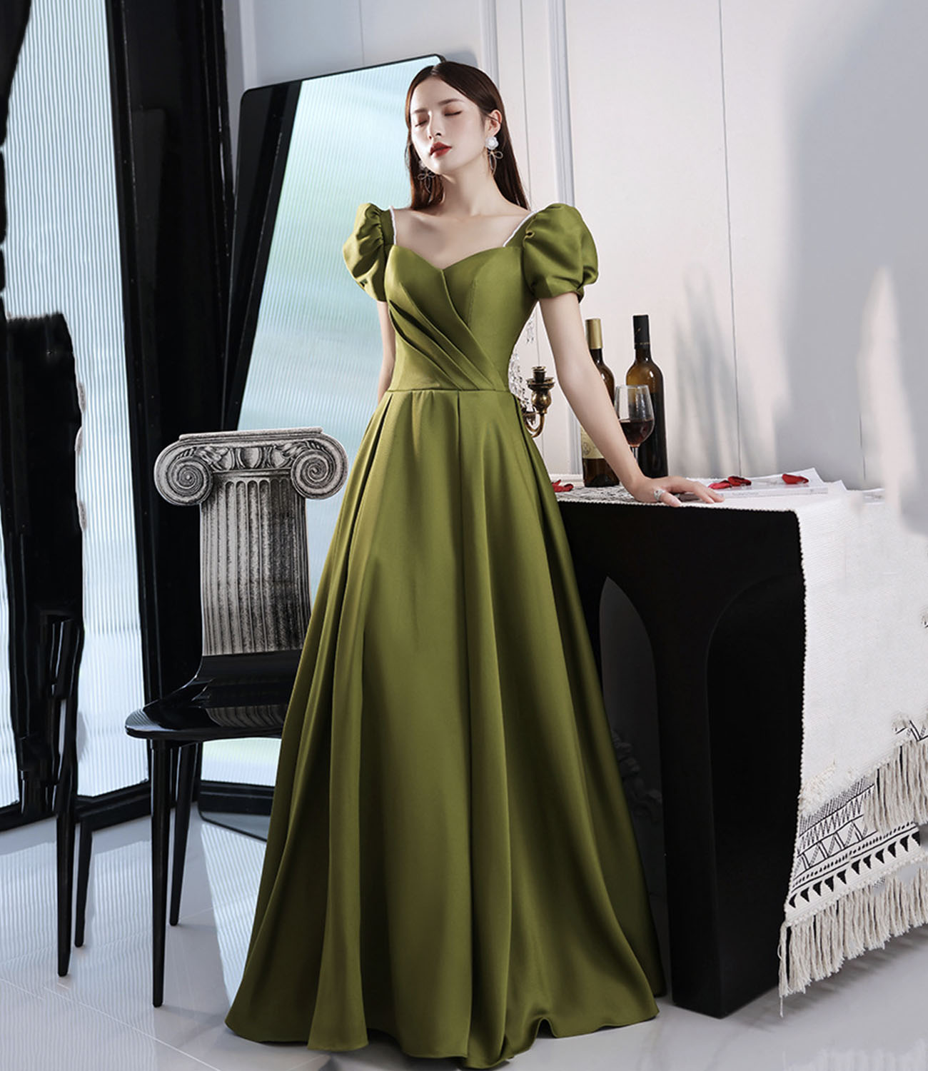 Green satin long prom dress A line evening dress 10431
