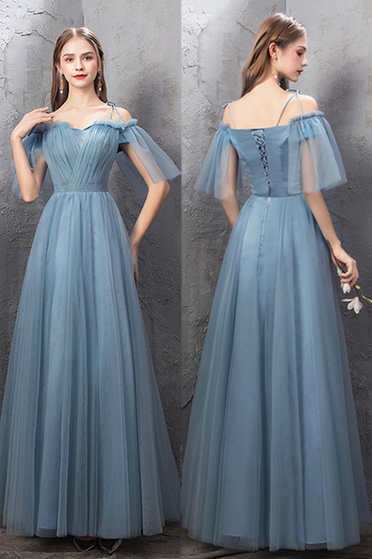 Blue tulle long A line prom dress blue evening dress 10588