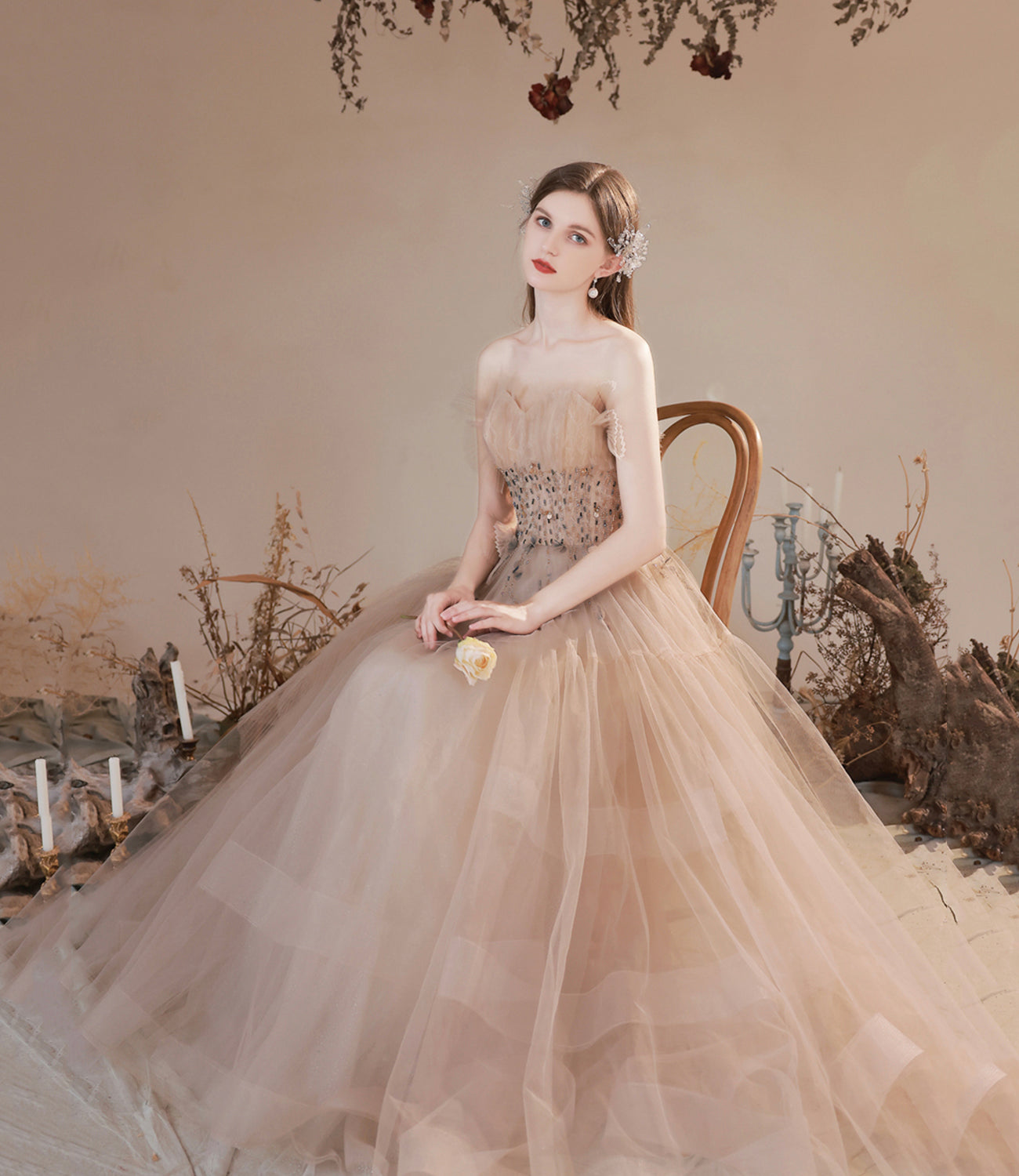 Cute tulle beads long prom dress A line evening dress 10396