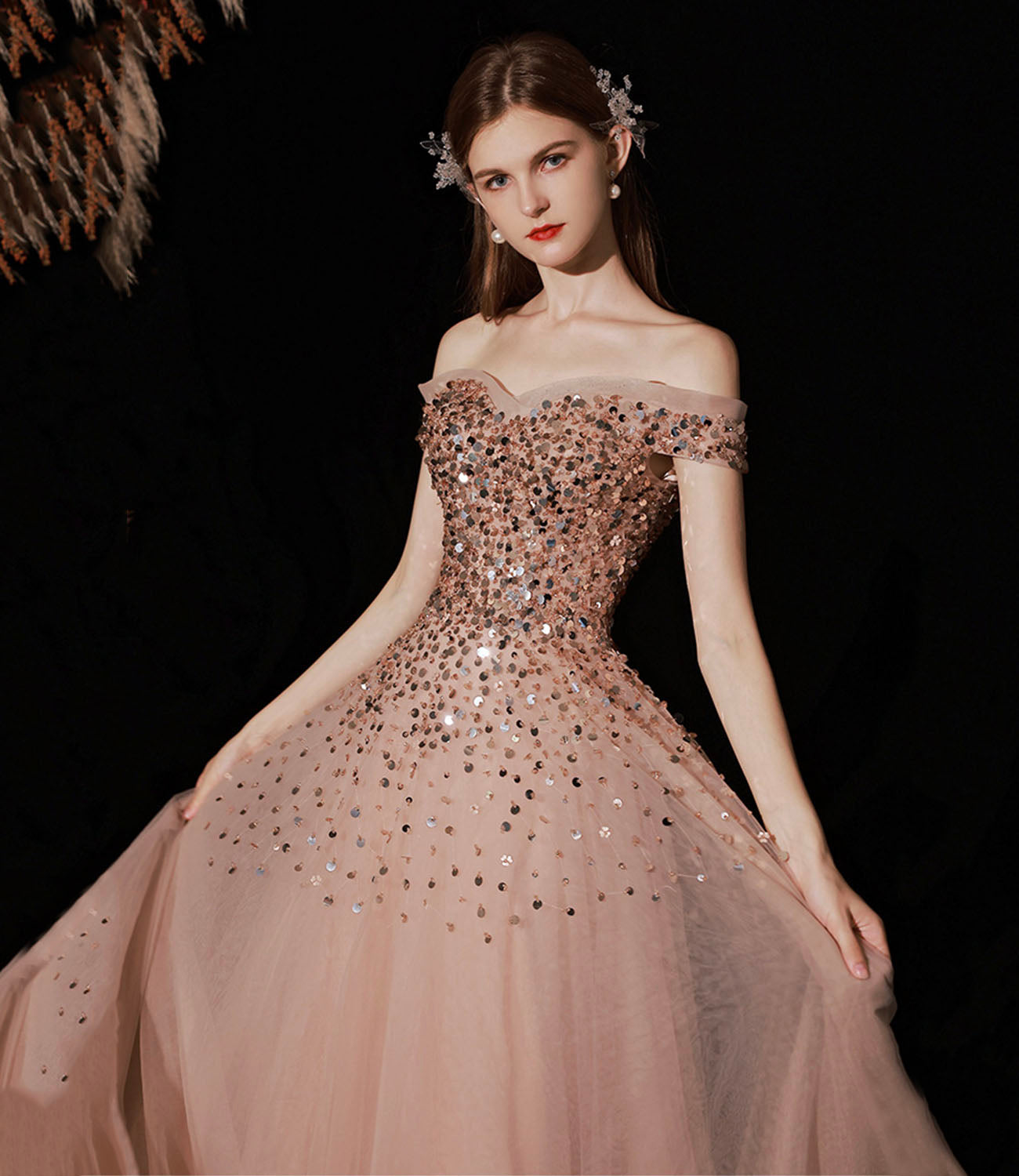 Shiny tulle sequins long prom dress A line evening gown 10415