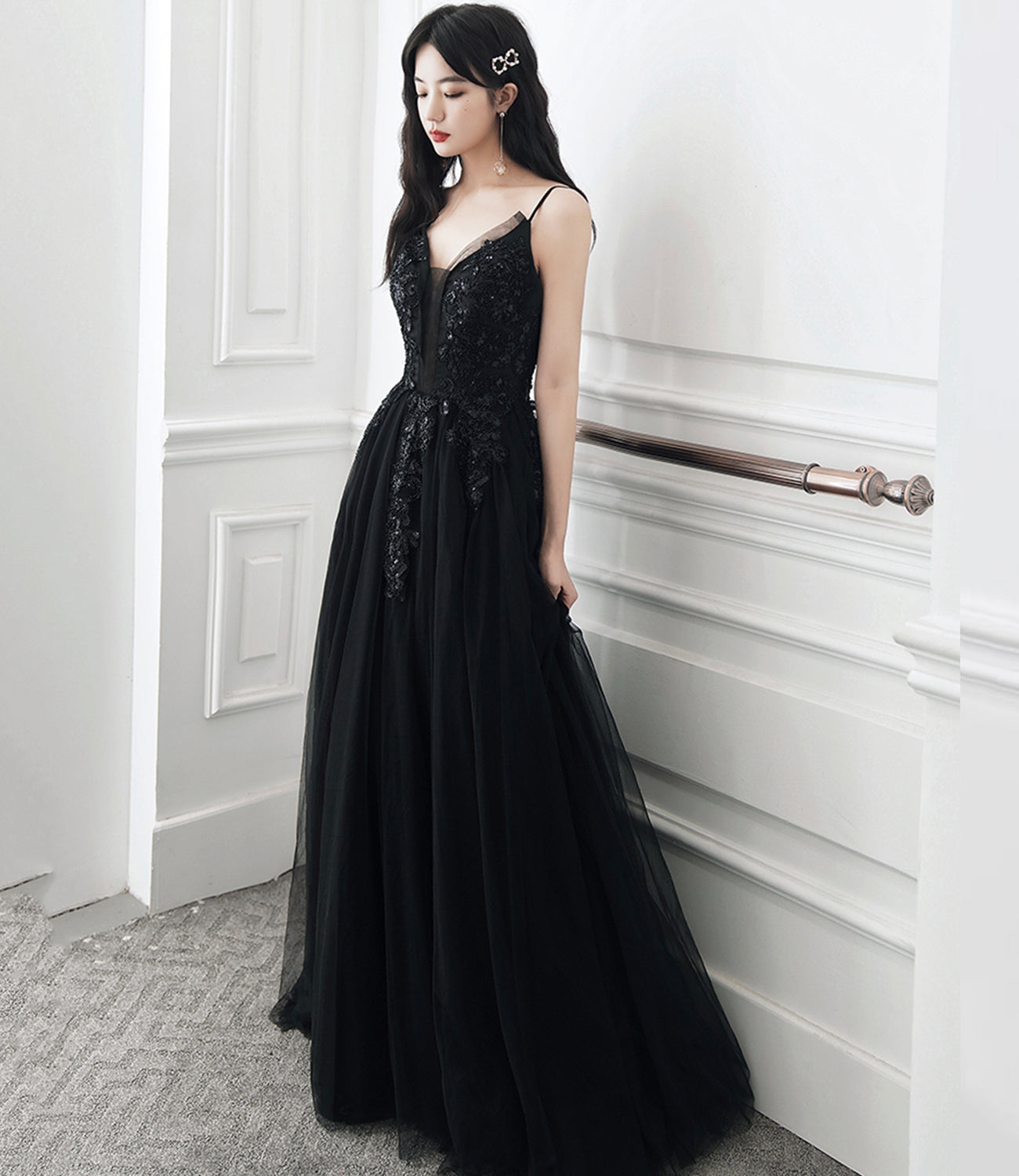 Black tulle sequins long prom dress evening dress 10391